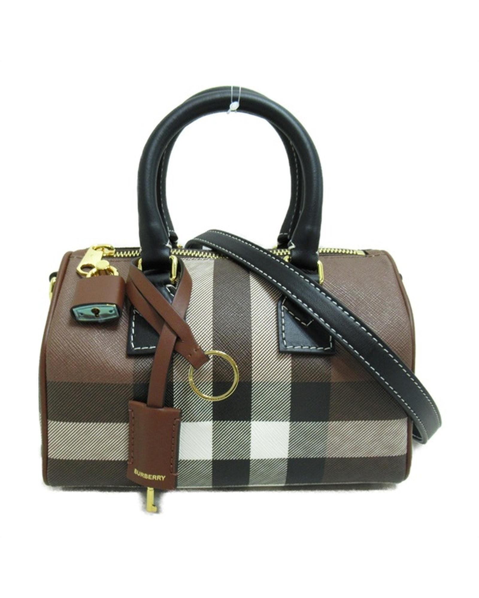 image of Burberry Check Canvas & Leather Mini Bowling Bag in Brown, Women's