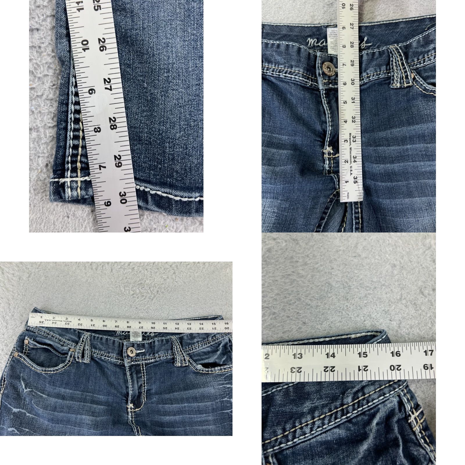 Vintage Maurices Jeans Women 5 Blue Denim Bootcut Low Rise 28x27 Cotton Western 5-Pocket Design Zipper Distressed Stretch Machine Washable Size 27" / US 4 / IT 40 - 8 Thumbnail