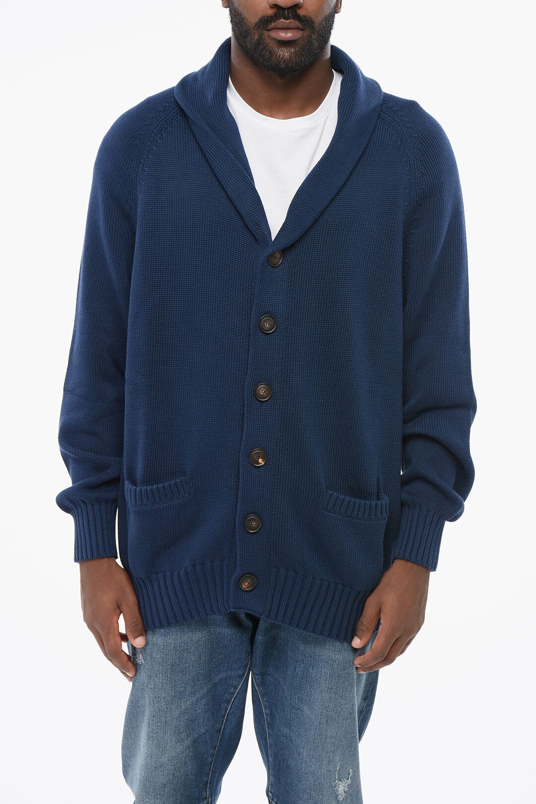 Brunello Cucinelli og1mm0725 Shawl Neck Pure Cotton Cardigan in Blue Size US XL / EU 56 / 4 - 1 Thumbnail