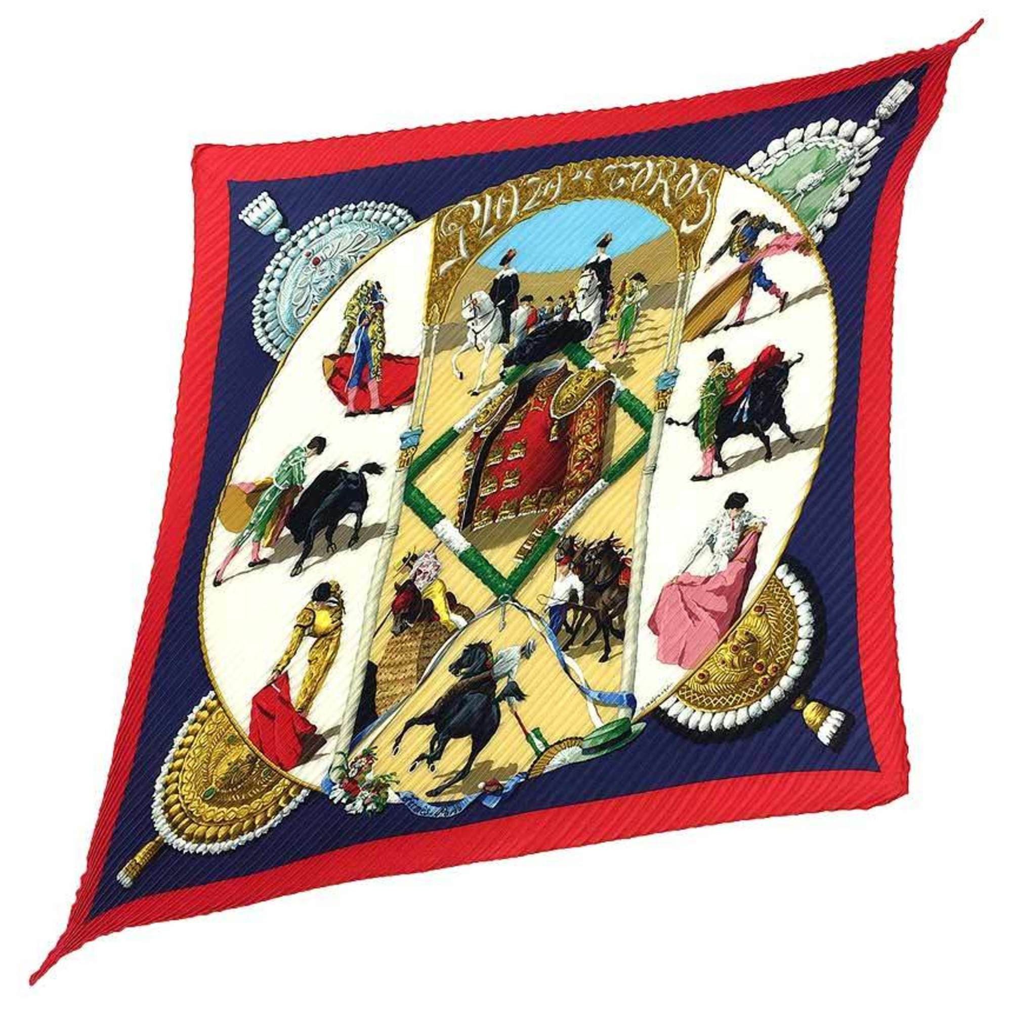 HERMES Pleated Scarf Carré 90 PLAZA DE TOROS Bullring 100% Silk Hermes Muffler