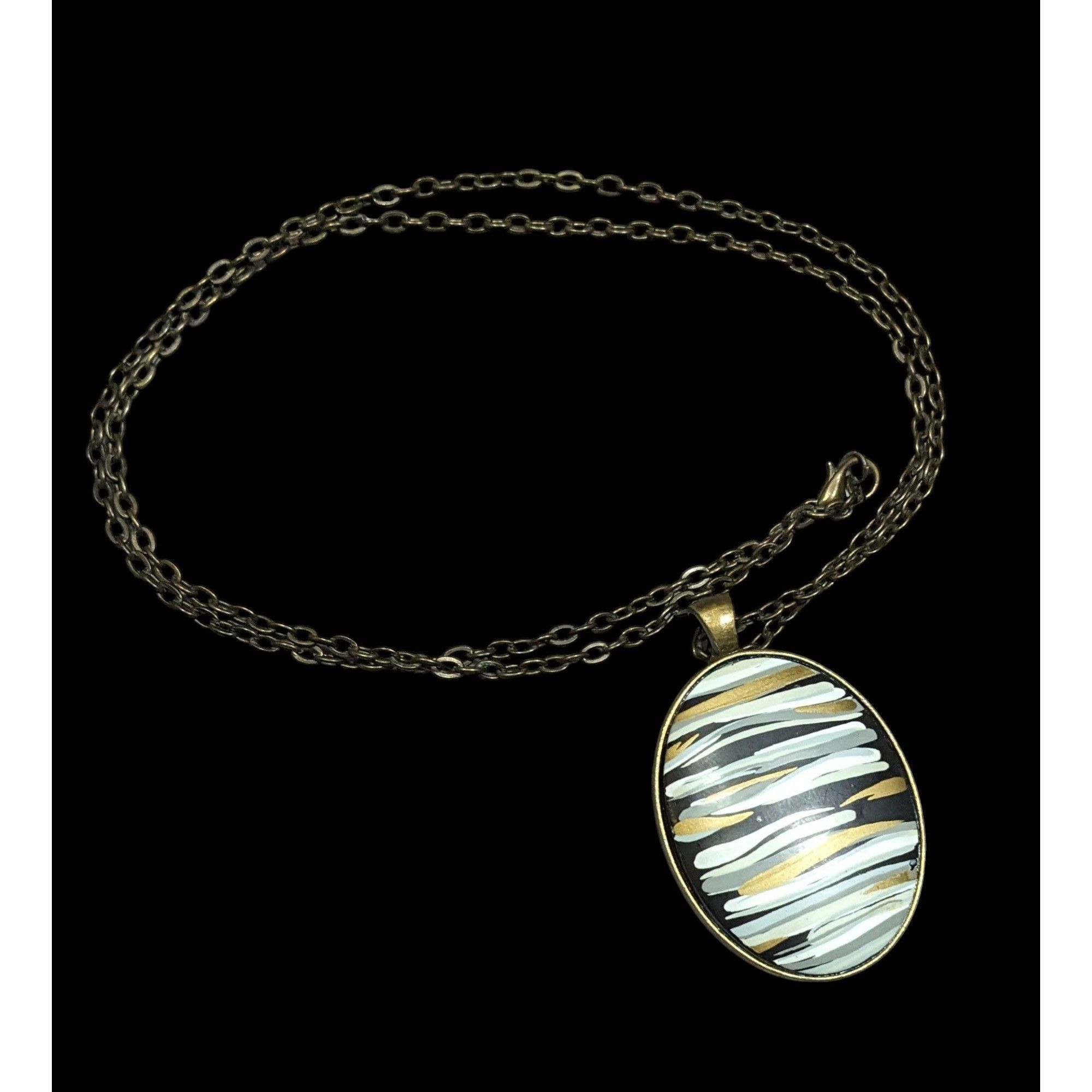 Other Hand Painted Striped Black White And Gold Tone Pendant Neckl Size ONE SIZE - 1 Thumbnail