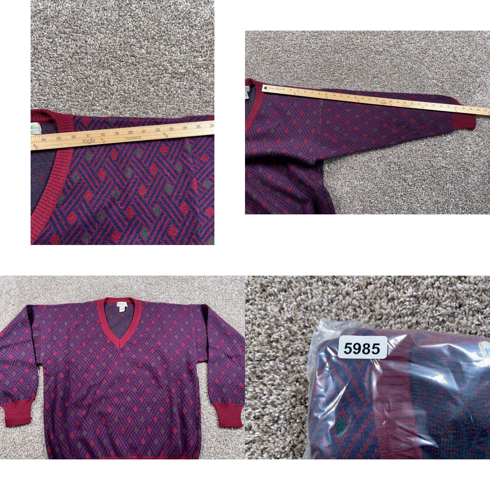 Vintage VINTAGE Sweater Diamond Pattern V-Neck Pullover Adult Large Red Knit Wool-Acrylic Blend Men’s 80s Retro Clothing Size US L / EU 52-54 / 3 - 8 Thumbnail