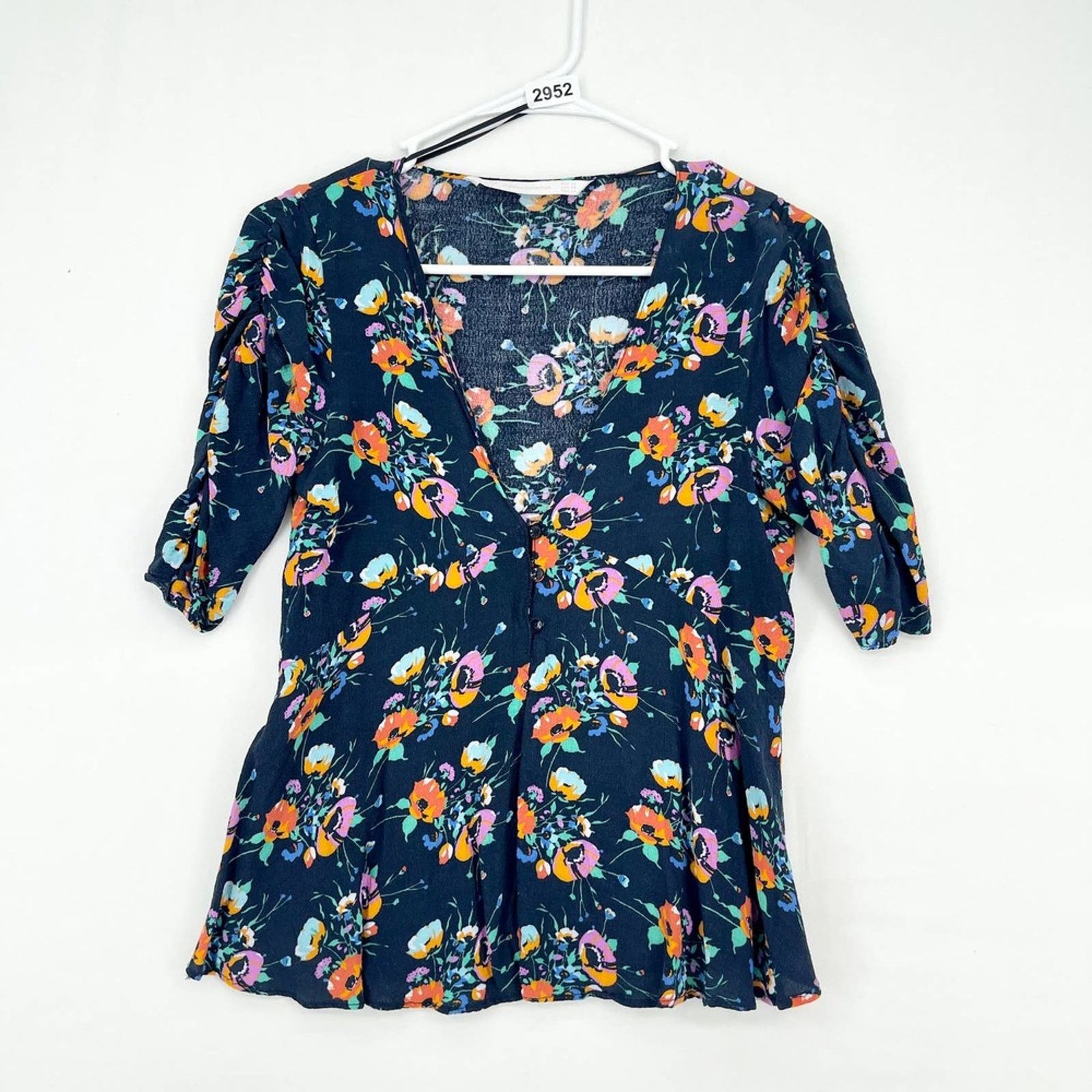 Zara Zara Trafaluc Collection Floral V-Neck Ruched Blouse Size XS Size XS / US 0-2 / IT 36-38 - 3 Thumbnail