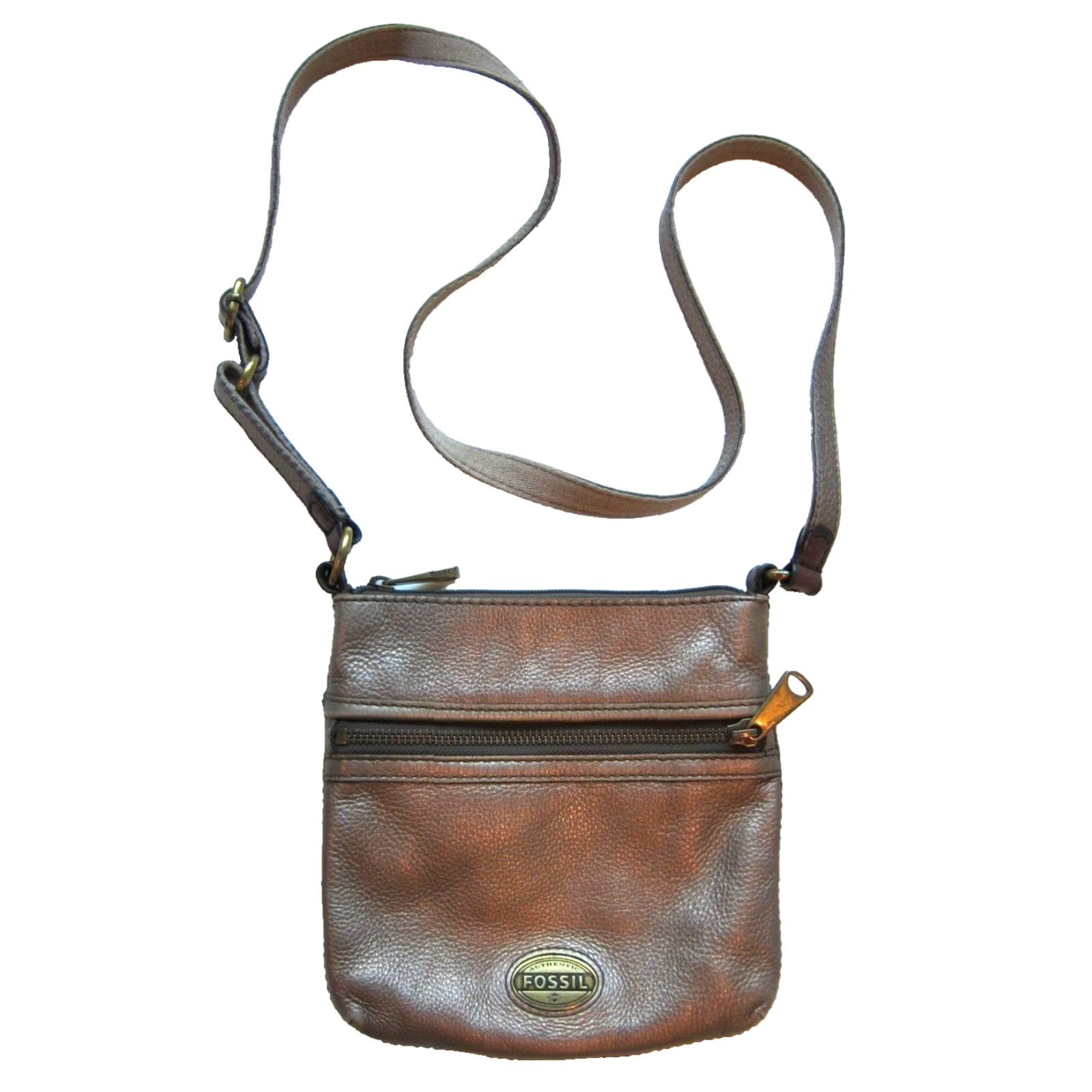 Fossil Fossil Gold Bronze 100% Leather Crossbody Satchel Purse Bag Small Zipper Pocket Handbag Size ONE SIZE - 2 Thumbnail