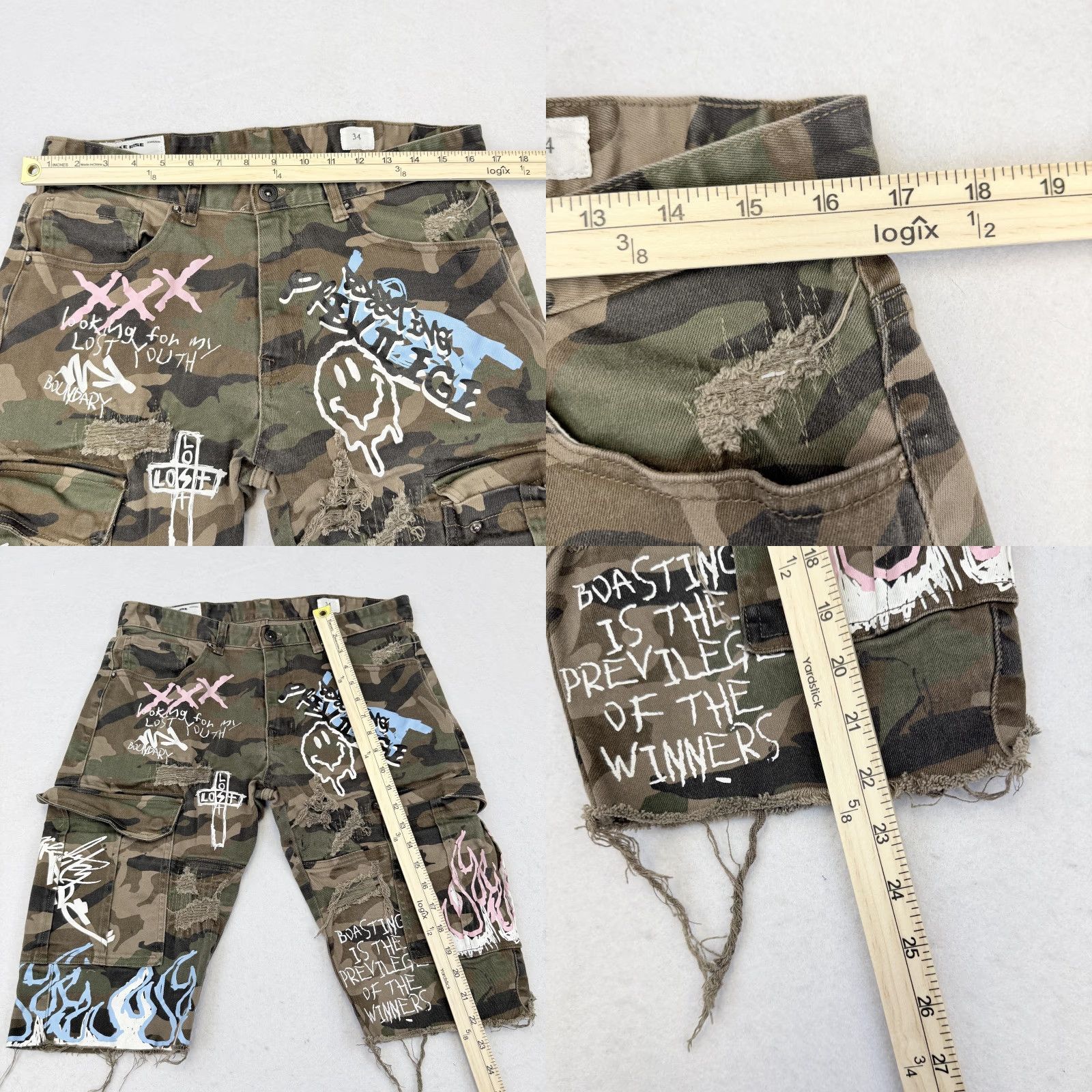 Denime Smoke Rise Cargo Shorts Mens 34 Green Camo Distressed Denim Streetwear Shorts Size US 34 / EU 50 - 8 Thumbnail