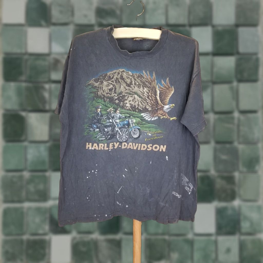 Harley Davidson Harley-Davidson T-Shirt Shirt XL Black Men Vintage 90's Sun Faded Trashed Single Stitch Crew Neck Short Sleeve Cotton Size US XL / EU 56 / 4 - 1 Thumbnail