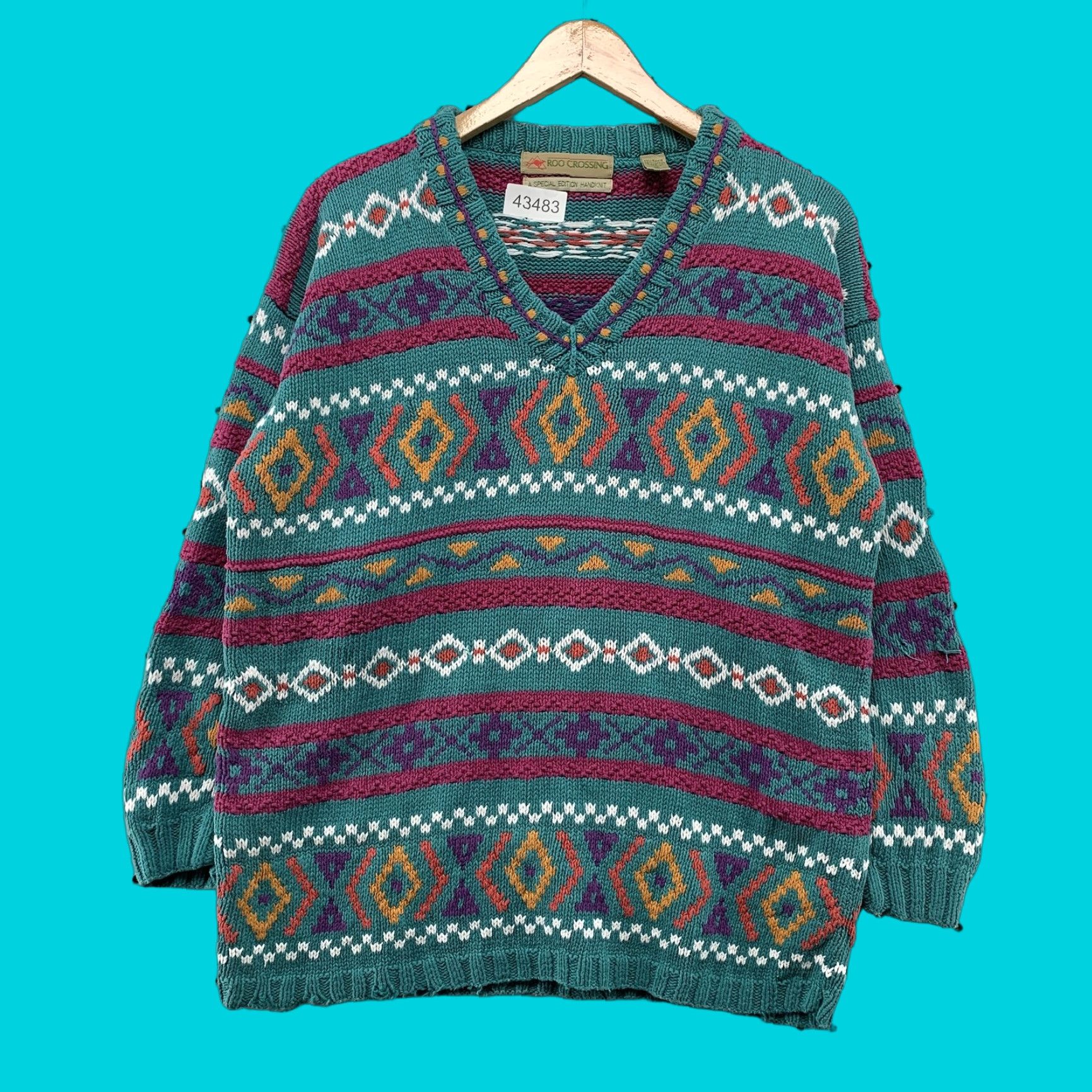 Vintage VINTAGE Roo Special Edition Handknit Sweater Women Large V Neck Chunky-Knit Green Cotton Ramie Winter Pullover Size L / US 10 / IT 46 - 1 Thumbnail