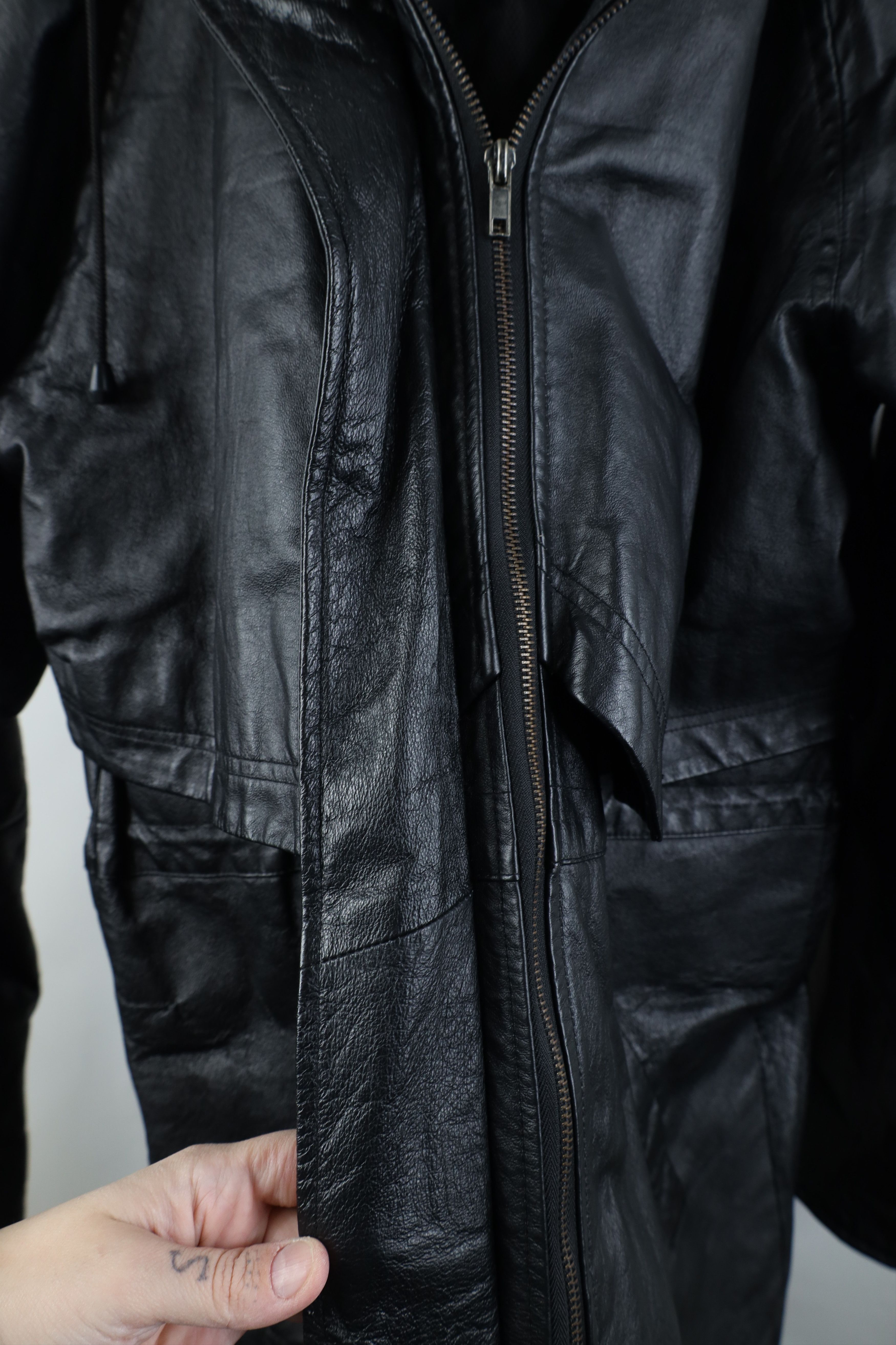 Vintage Vintage 90s Streetwear Hooded Leather Duster Jacket Black Size L / US 10 / IT 46 - 11 Thumbnail