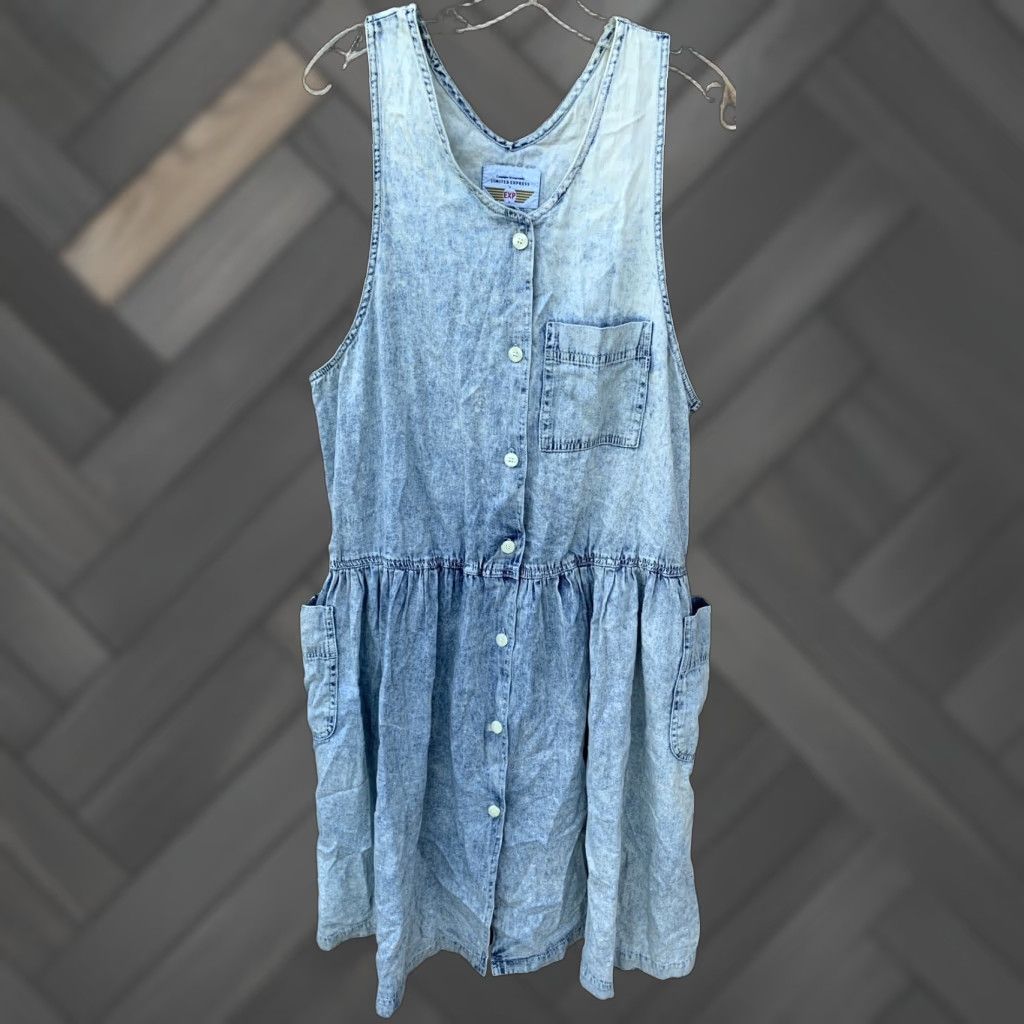 Express VINTAGE Limited Express Jumper Dress Casual 1980s Blue Cotton Pockets L Womens Size L / US 10 / IT 46 - 1 Thumbnail