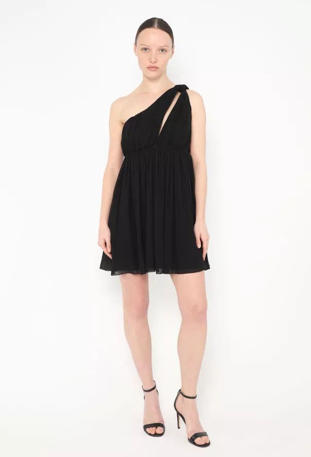 o1y0725 One-Shoulder Silk Mini Dress in Black - cruiseboatoman.com