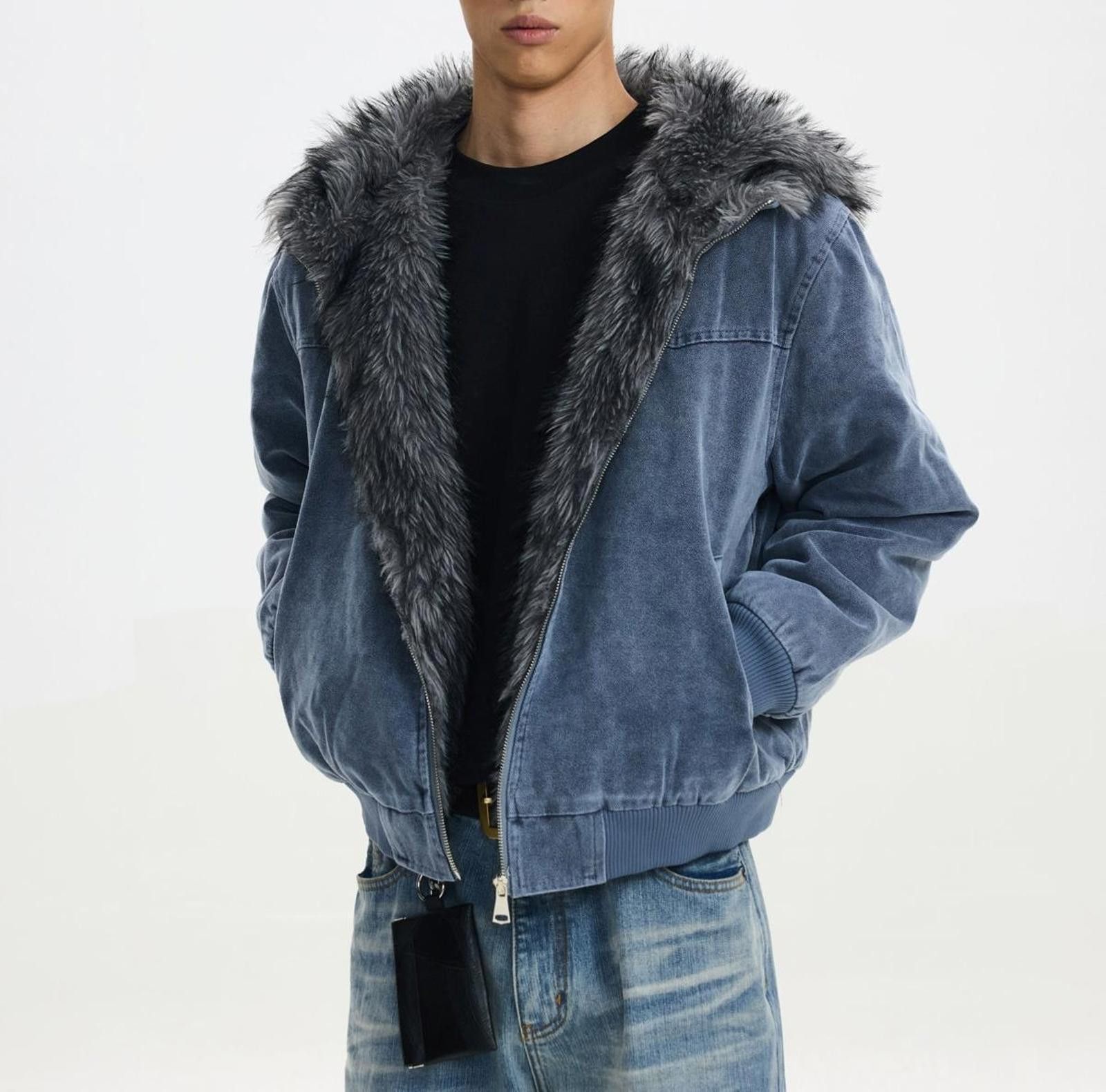 Vintage Blue Faux Fur Lined Bomber Jacket, Casual Menswear Outerwear Size US M / EU 48-50 / 2 - 1 Thumbnail