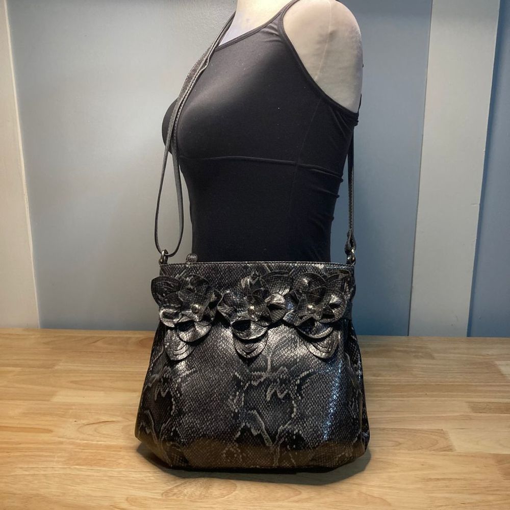 Nicole Miller Nicole Miller, Snakeskin Print Gray Black Vegan Leather, Rosette Accents Womens Size ONE SIZE - 2 Thumbnail