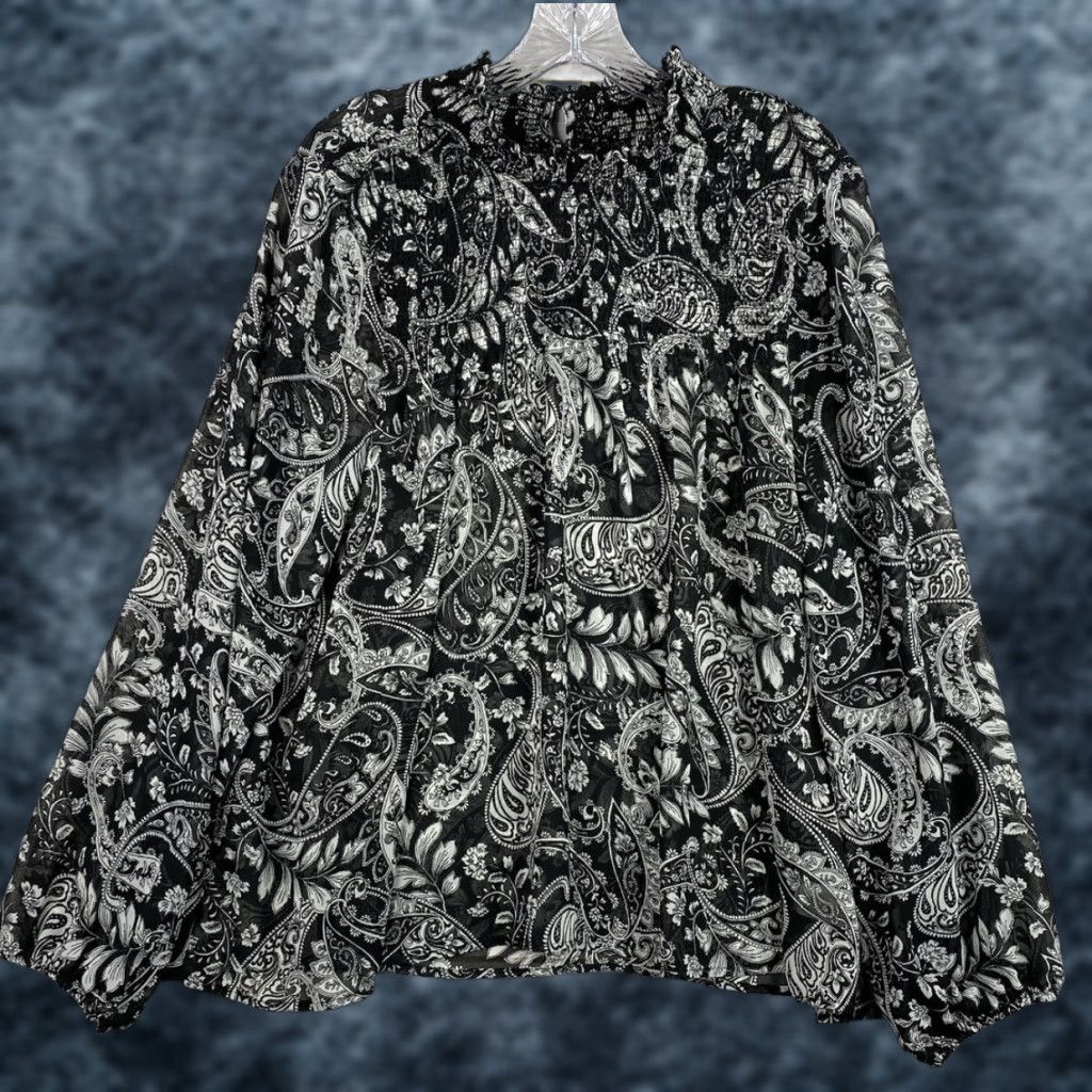 Vintage a.n.a Blouse Top Womens XL Black White Mock Neck Long Sleeve Sheer Geometric Chambray Polyester Button Pullover Casual Occasion Size XL / US 12-14 / IT 48-50 - 1 Thumbnail