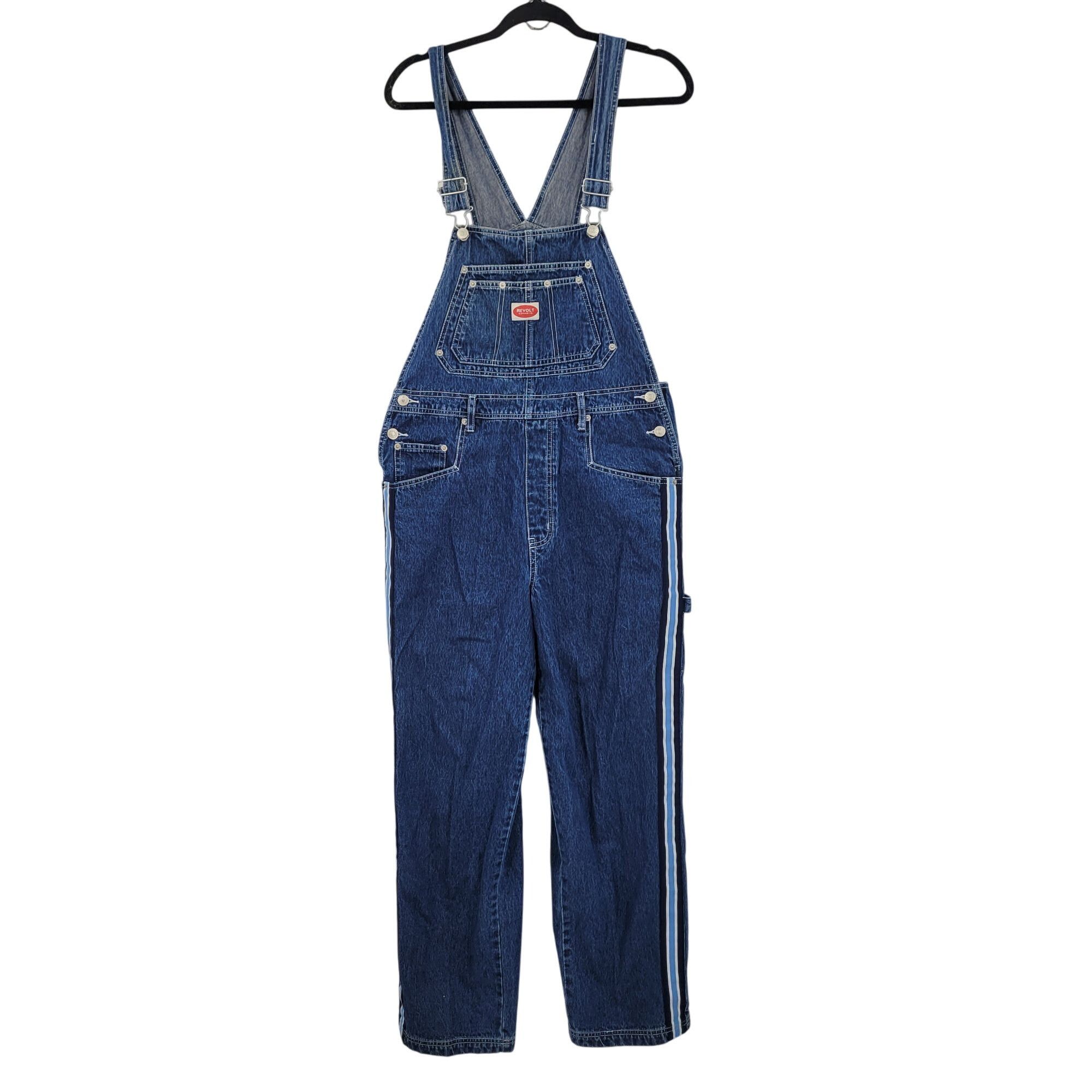 Vintage Vtg 80s Revolt Denim Overalls Sz L Cotton Racing Stripe Pock Size 34" / US 12 / IT 48 - 1 Thumbnail