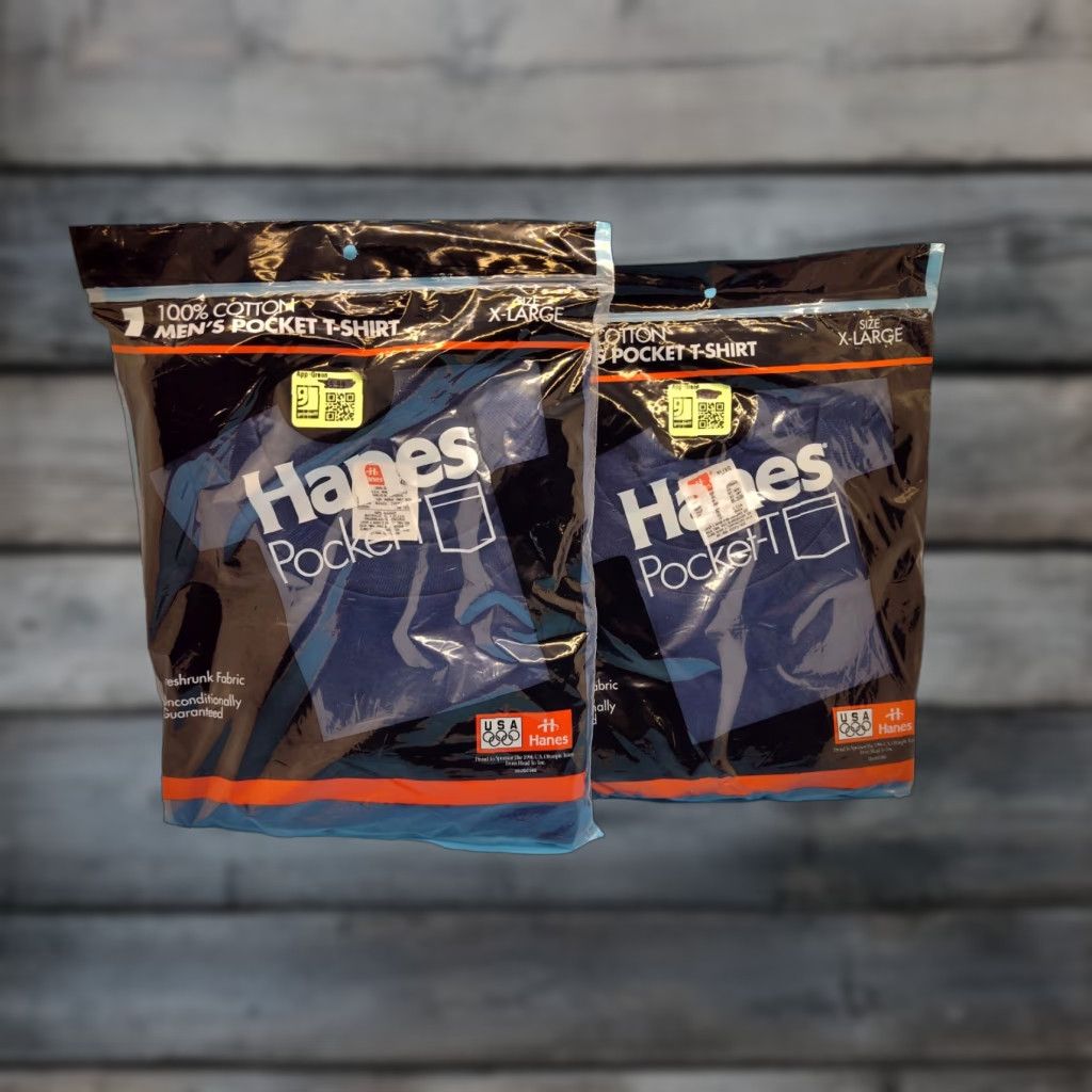 VINTAGE Hanes T-Shirt Men XL Navy Blue Pocket Short Sleeve 90s Cotton Factory Sealed Lot of 2