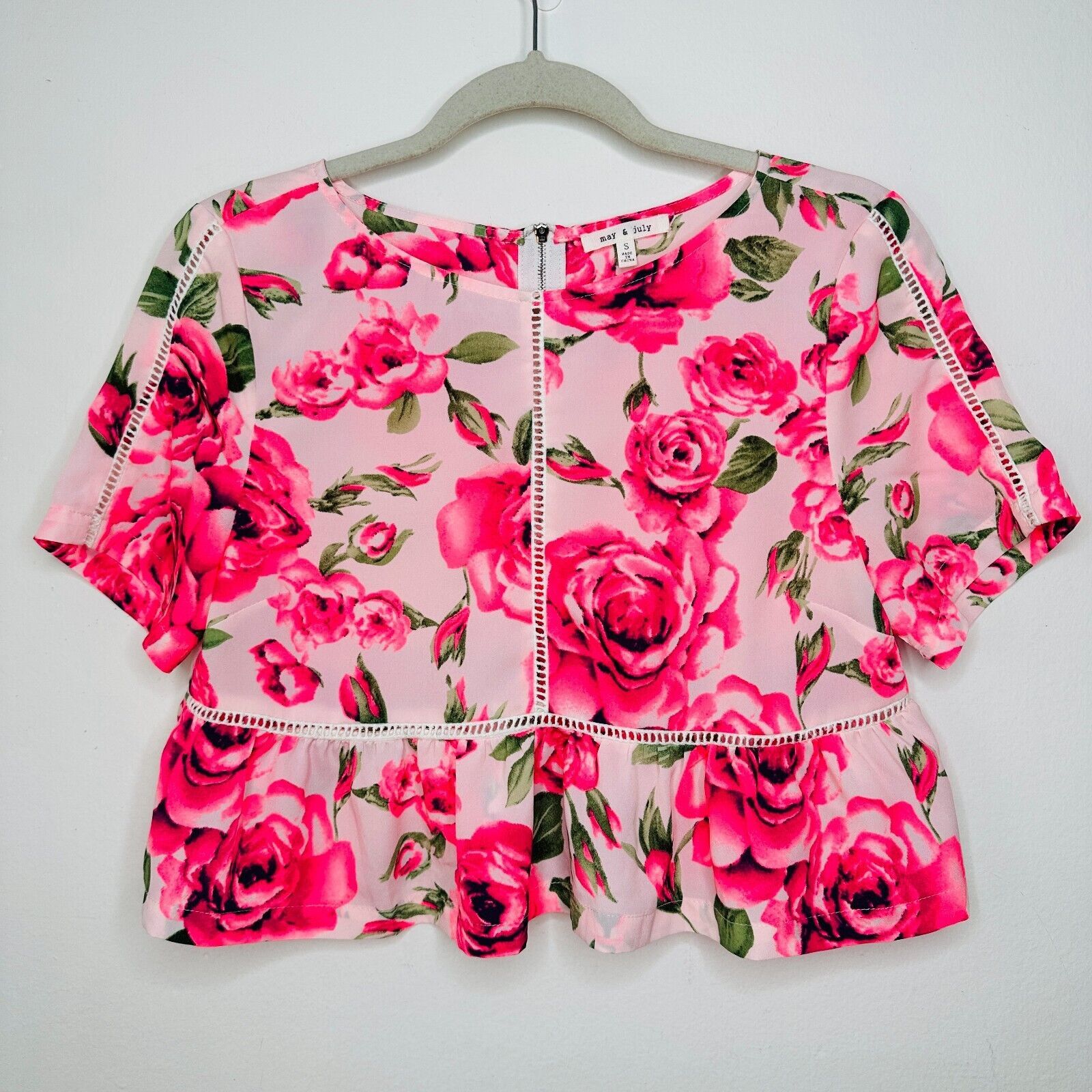 Other May & July Hot Pink & Green Floral Short Sleeve Crop Blouse Size S / US 4 / IT 40 - 3 Thumbnail