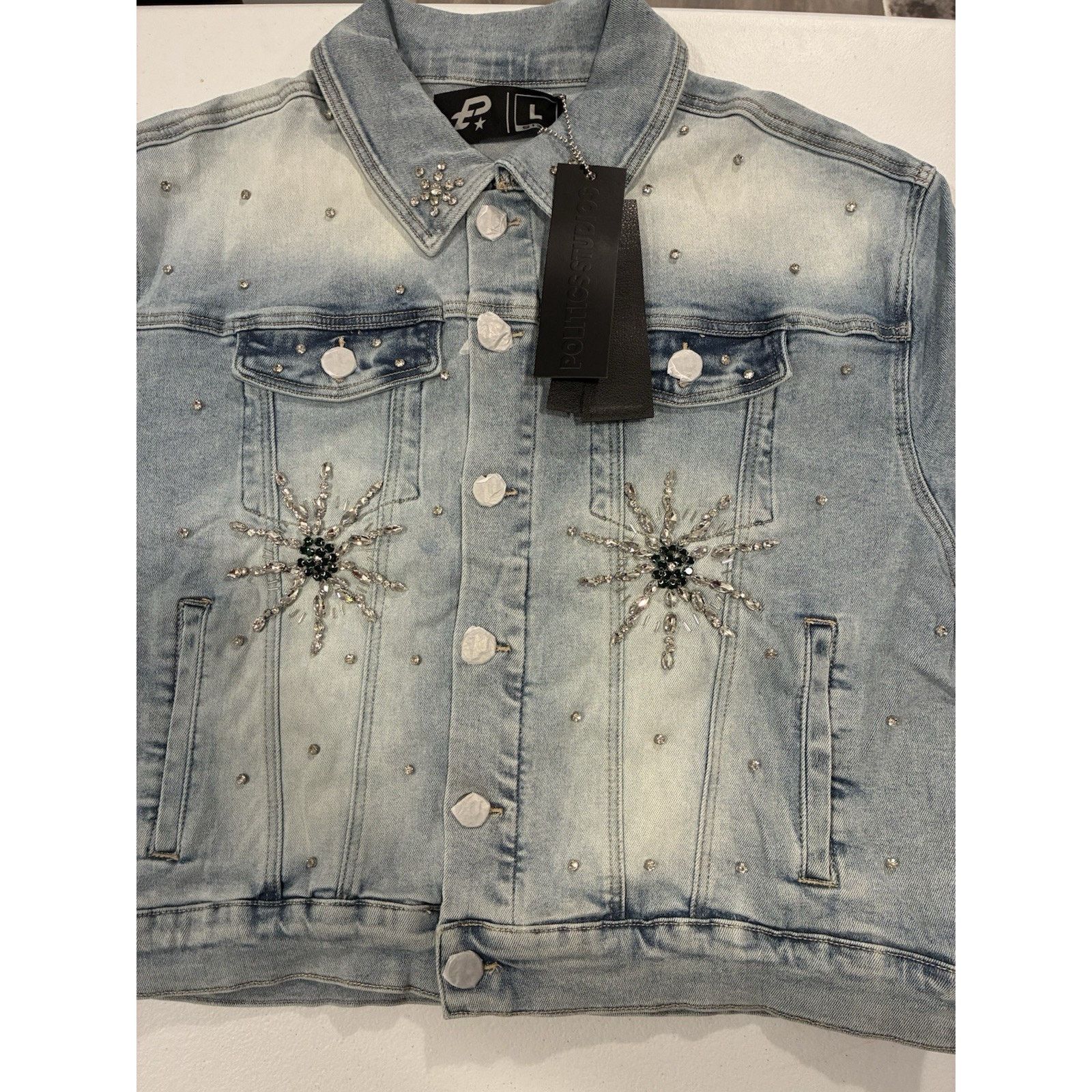 Pltx Blue Rhinestone Studded Collared Pocket Button Jacket L, Men's — image 3 of 5
