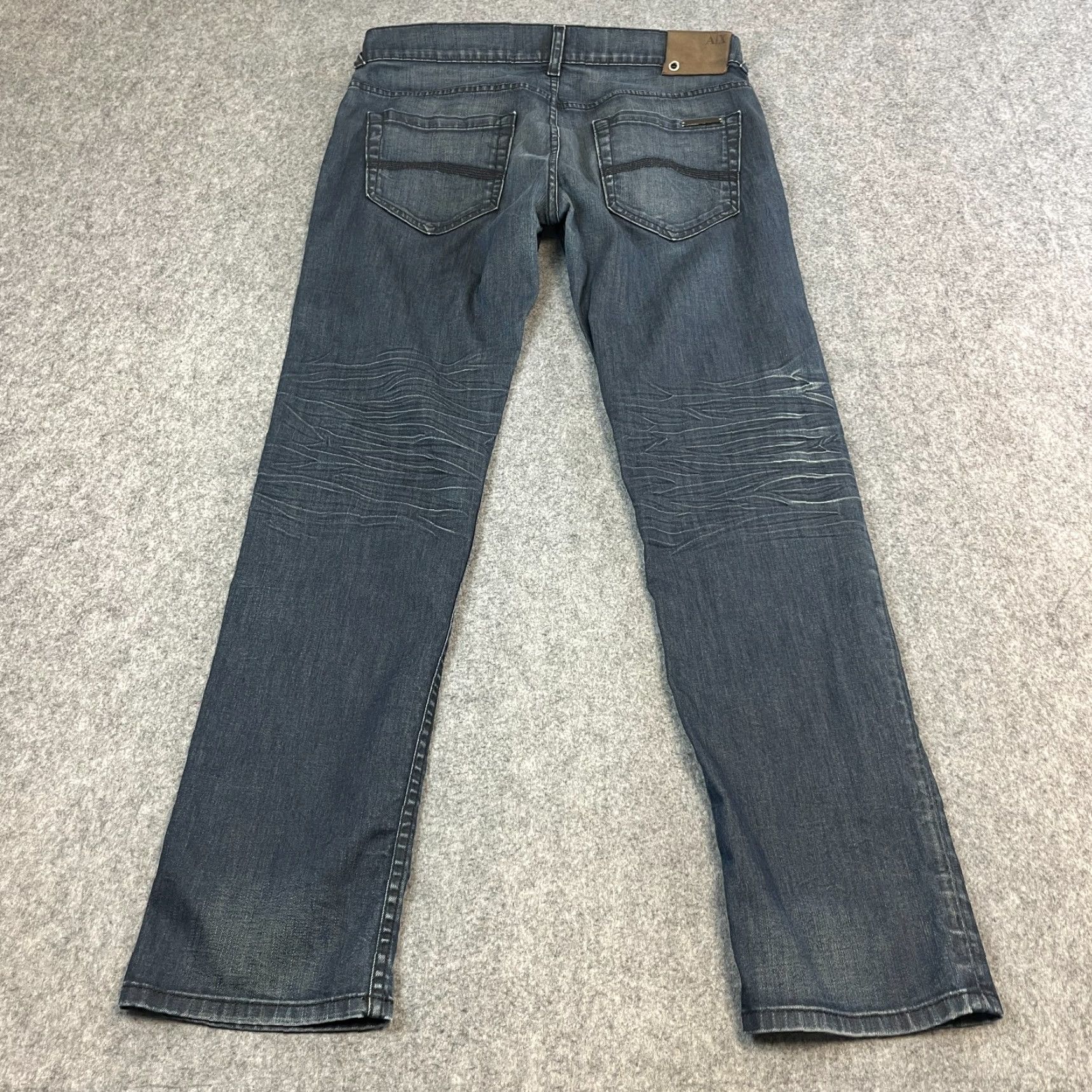 Armani Exchange Armani Exchange Mens Jeans Regular Tapered 33 34 Dark Wash Blue Whiskers Denim 5-Pocket Design Machine Washable Jeans Store Vintage No N/A Size US 33 - 2 Thumbnail