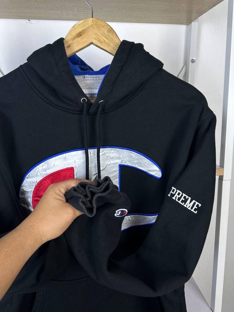 Champion × Supreme × Vision Streetwear Supreme Champion Big Satin Logo Hoodie Sweatshirt (PIT 23.5) Size US L / EU 52-54 / 3 - 4 Thumbnail