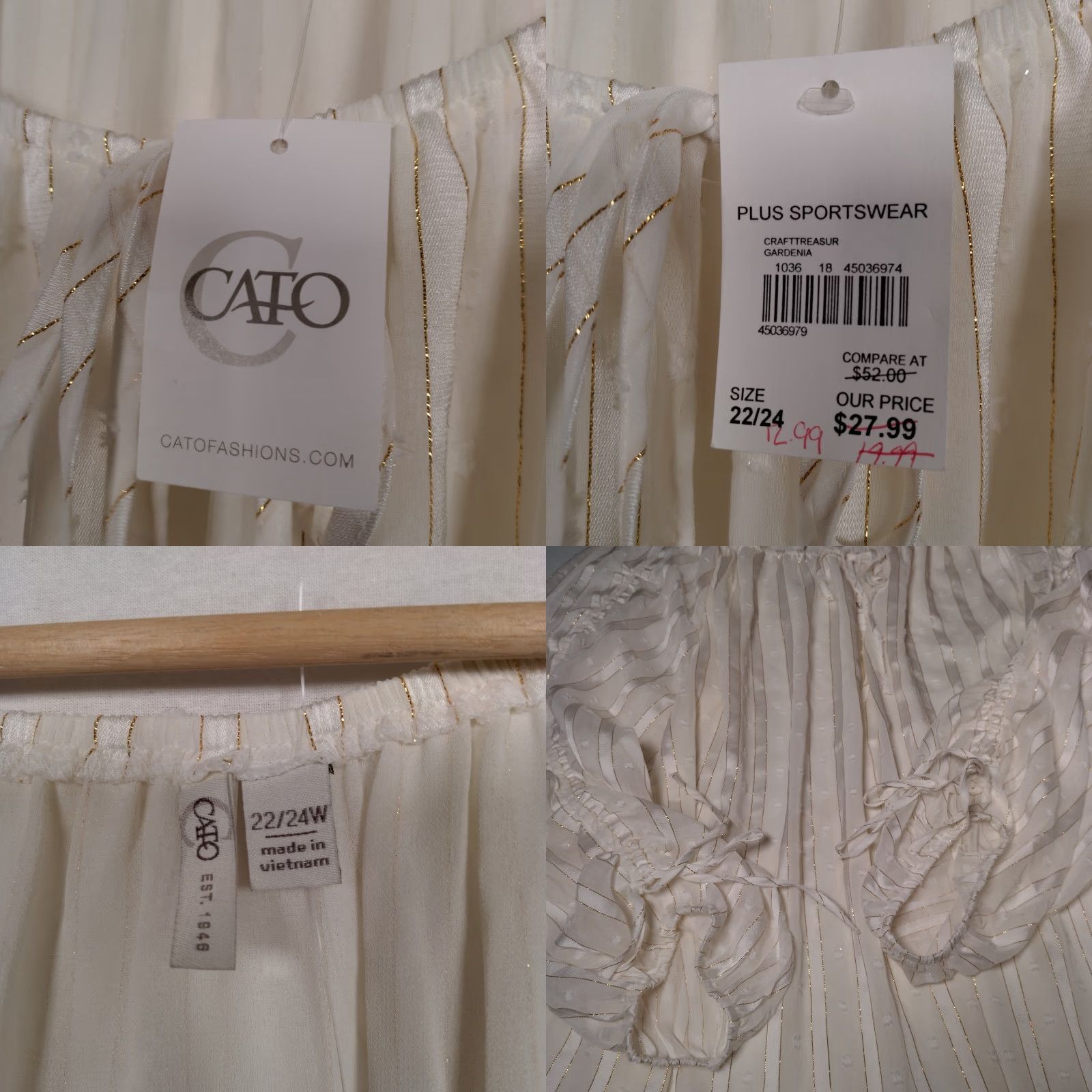 Vintage Cato Peasant Blouse Shirt Plus Size 22/24 Ivory Sheer Gold Metallic Renaissance Size 3XL / US 20-22 - 8 Thumbnail