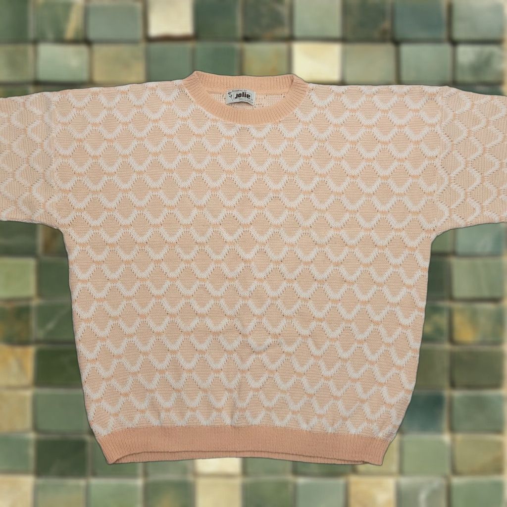 Vintage VTG Jolie Womens 22W Peach White Knit Geometric Pullover Crew Neck Long Sleeve Casual Made in USA Mens? No. Size 3XL / US 20-22 - 1 Thumbnail