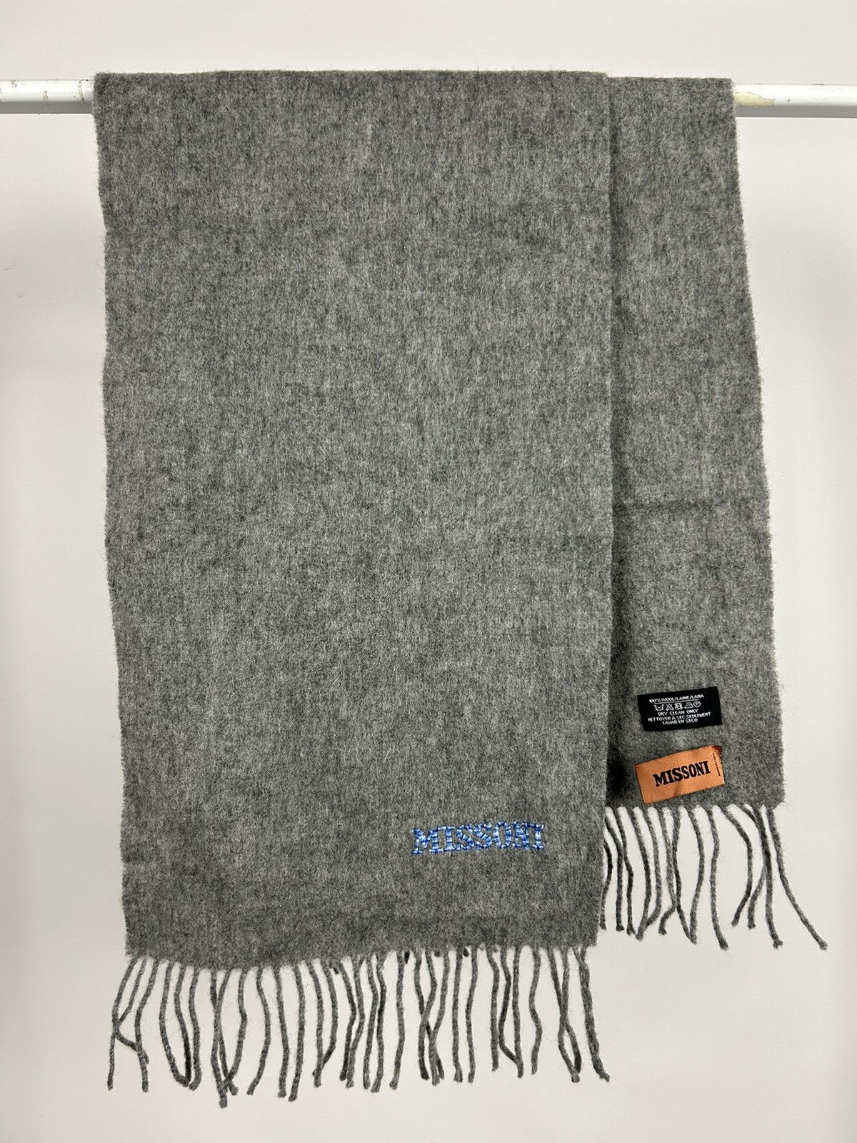 Missoni grey wool fringe scarf blue logo