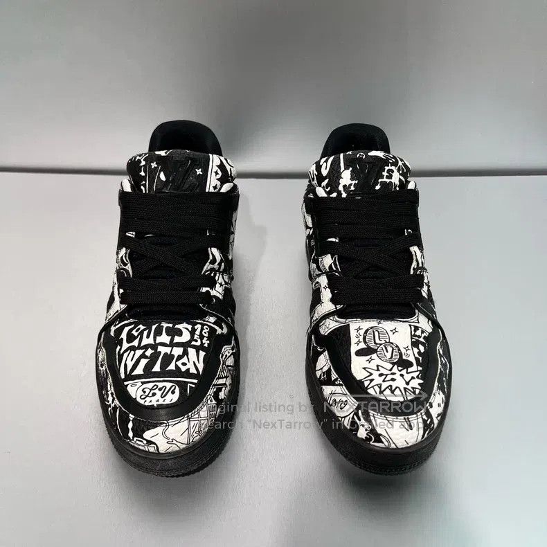 Louis Vuitton Trainer Black and White Graffiti Board Shoes