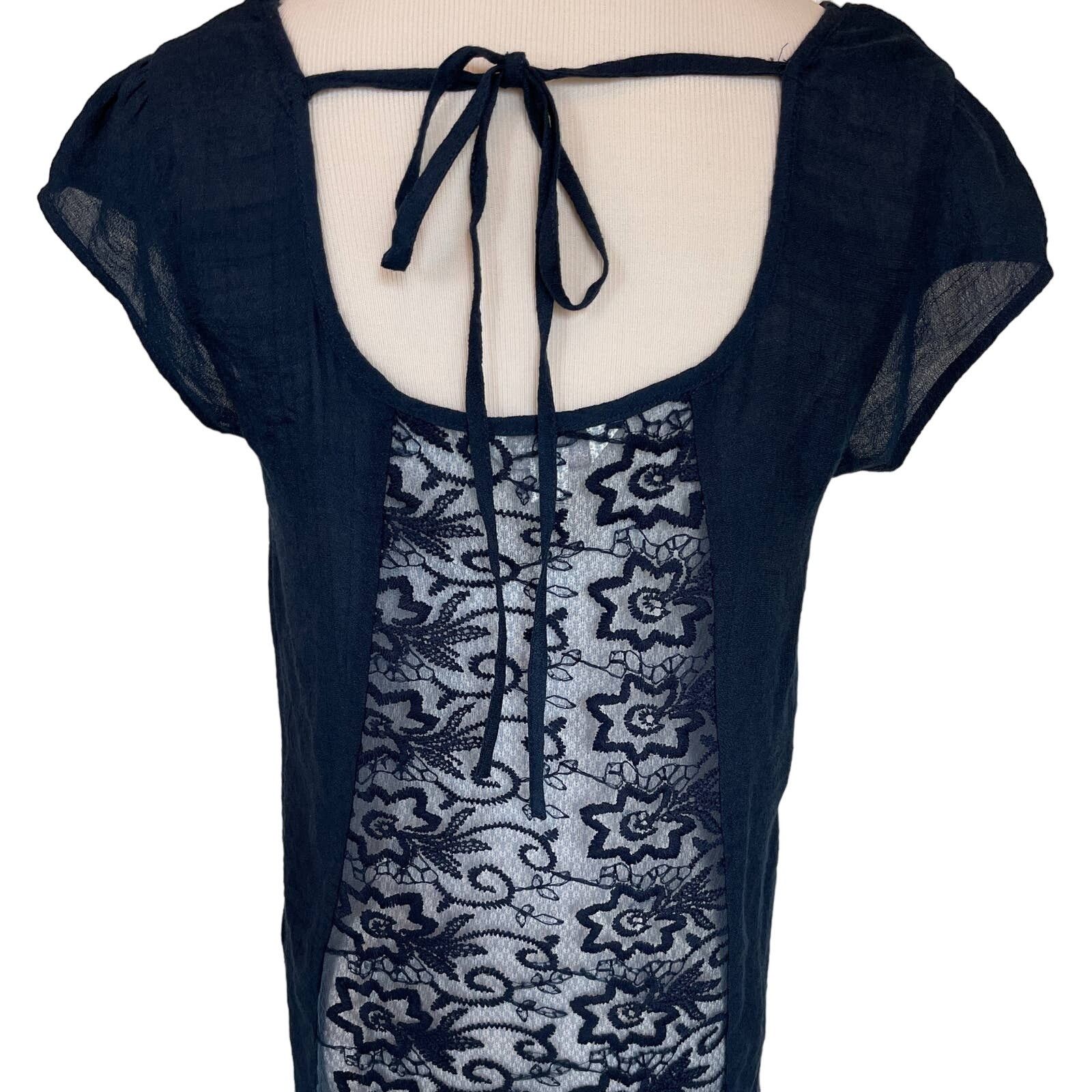 Other Navy Blue Short Sleeve Sheer Lace Detail Tie Back Blouse Top Size S / US 4 / IT 40 - 3 Thumbnail
