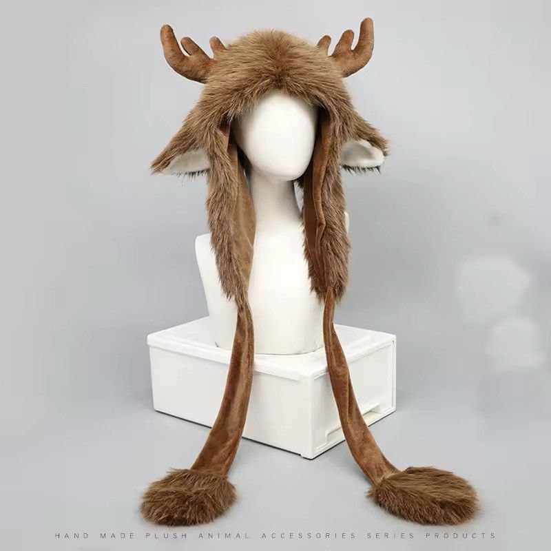 Japanese Brand Animal Elk Antler Hooded Winter Fur Hat Size ONE SIZE - 1 Thumbnail