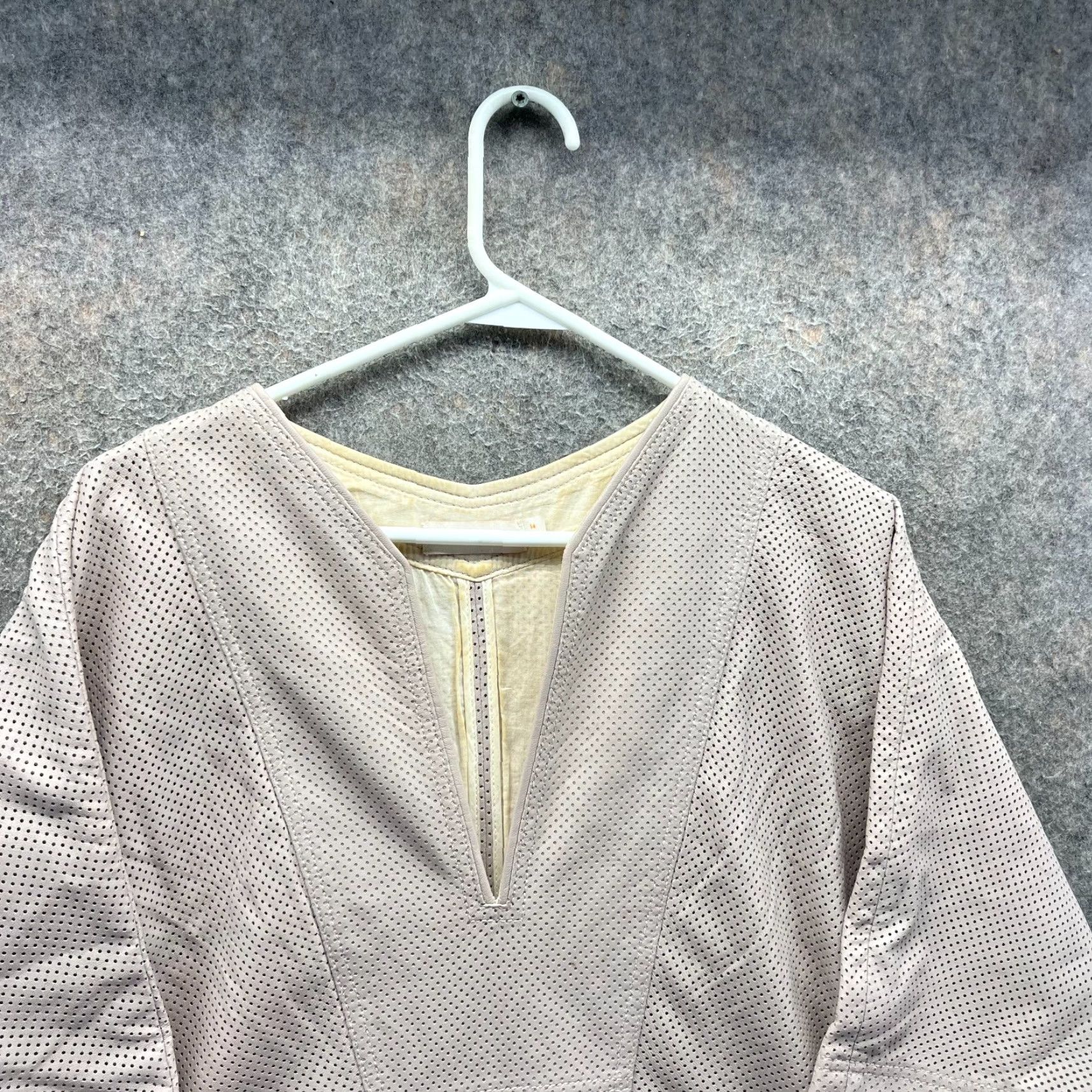Tory Burch Tory Burch Dress Women Medium Beige Perforated Faux Leather V-Neck Short Sleeve Pencil Sheath Knee Length Vintage No Size 32" / US 10 / IT 46 - 7 Thumbnail