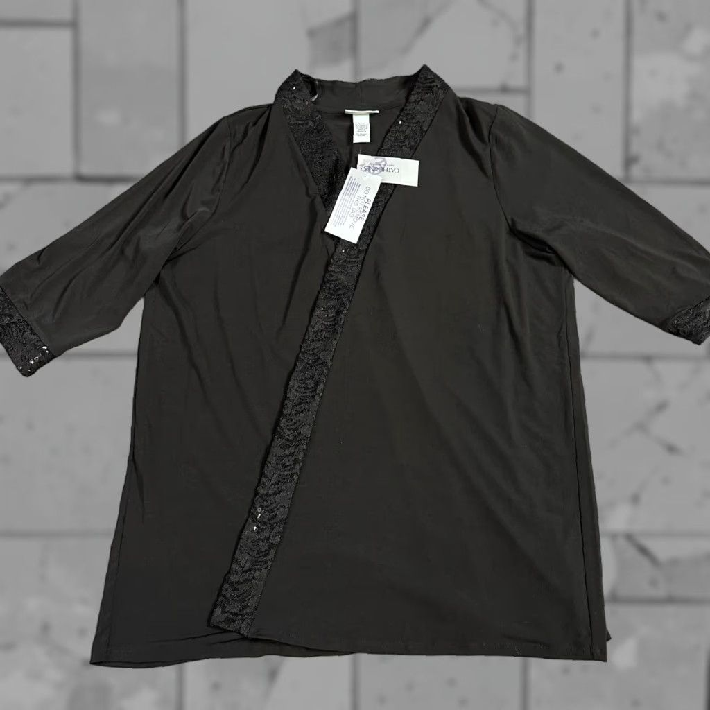 Vintage Catherines Blouse 22W Black Solid 3/4 Sleeve Plus Wrap Womens Top Size 3XL / US 20-22 - 1 Thumbnail