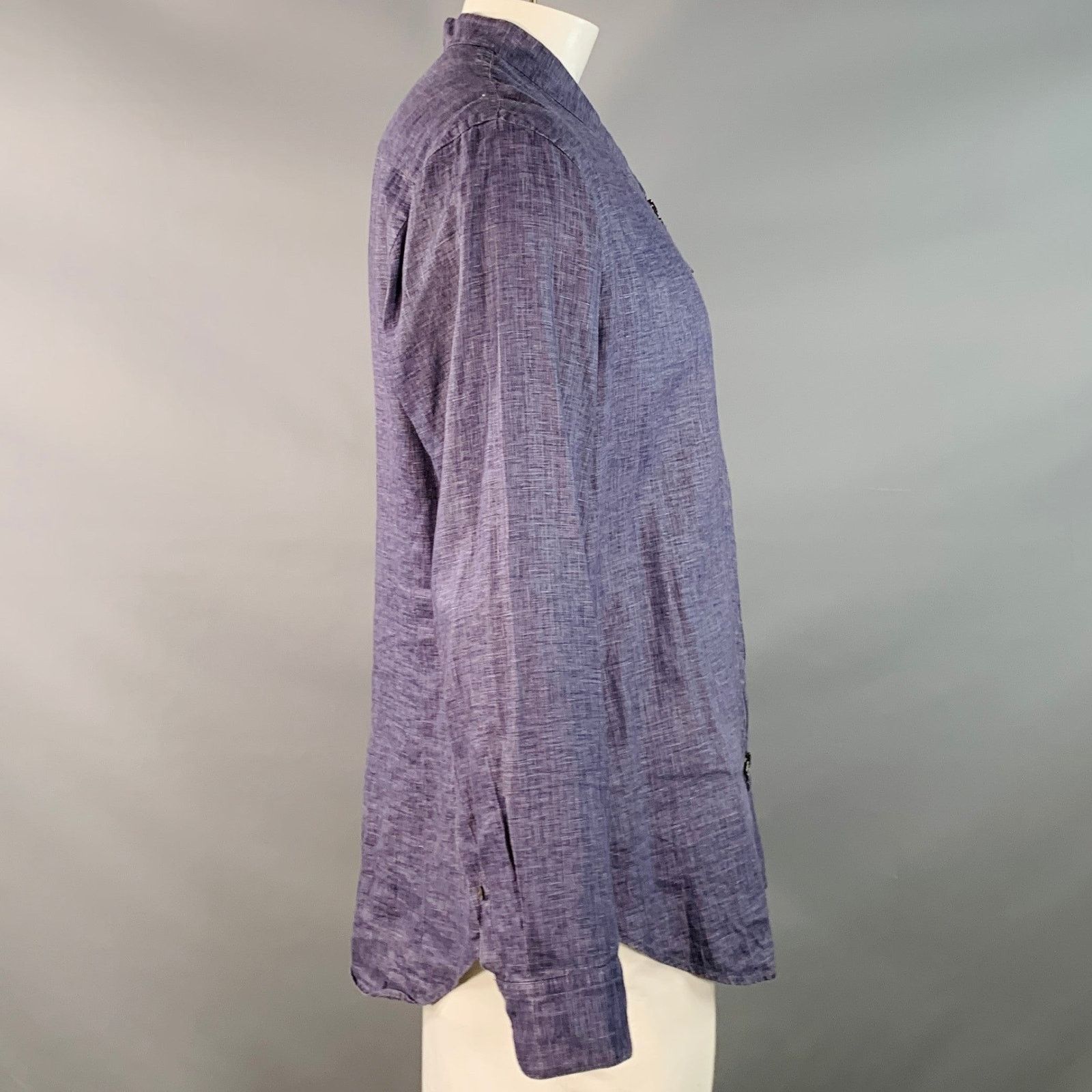 Giorgio Armani Blue Woven Linen Collarless Double Zipper Long Sleeve Shirt Size US L / EU 52-54 / 3 - 2 Thumbnail