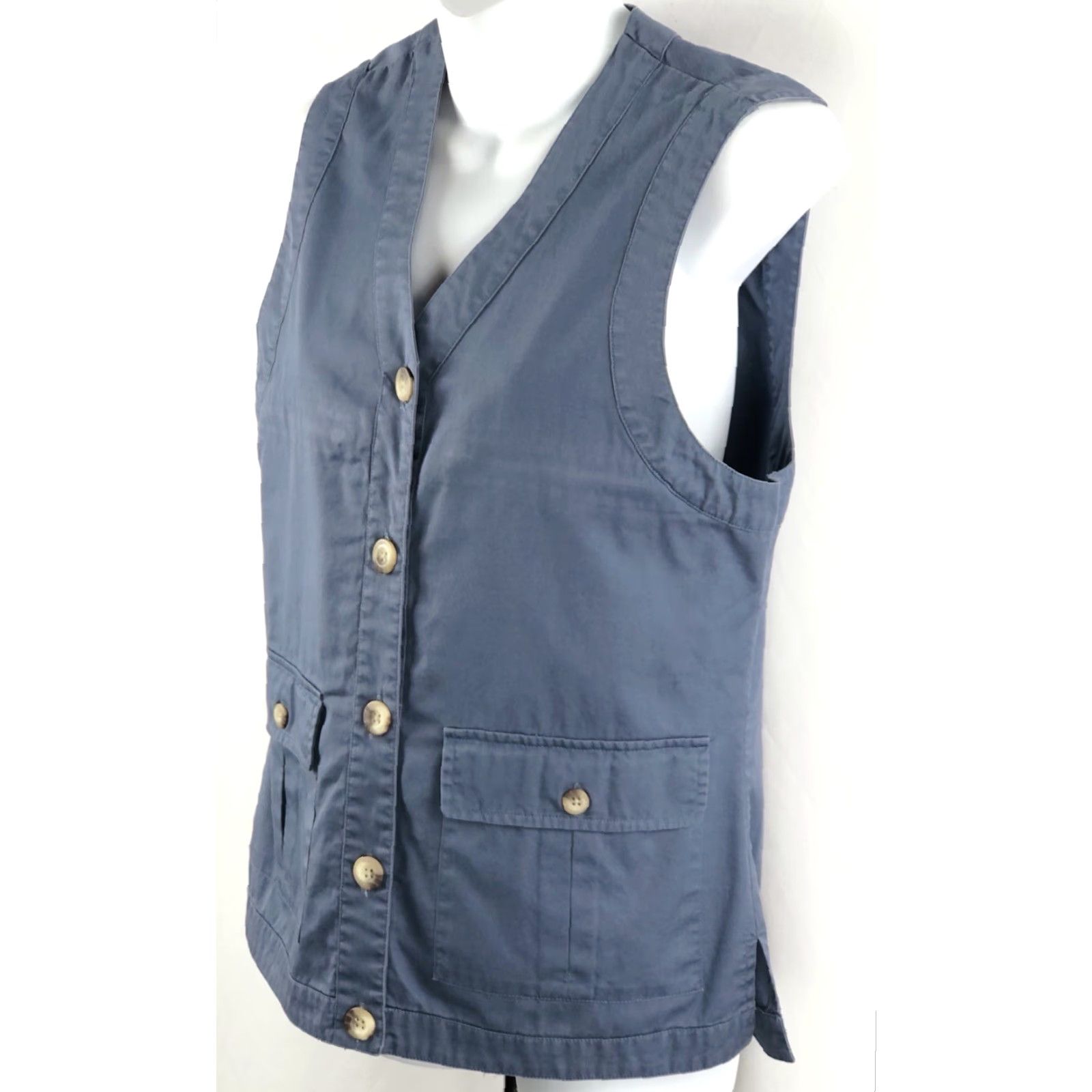 Jim Thompson VINTAGE Norm Thompson Vest Shirt Women XS Blue Sleeveless Button Front Pockets Twill Cargo Grunge Retro Work 90s Womens Size S / US 4 / IT 40 - 2 Thumbnail