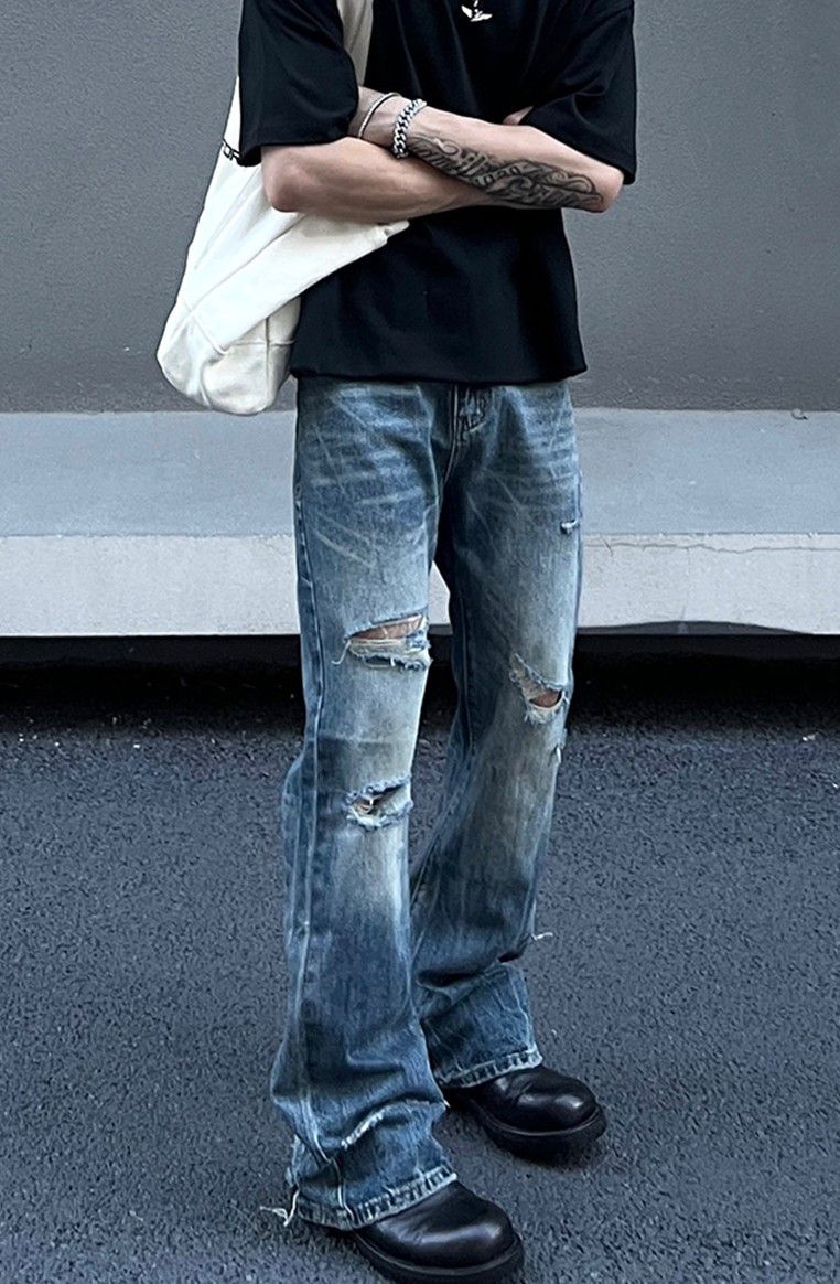 Distressed Mid Rise Jeans with Pockets - Harajuku Style main image 0