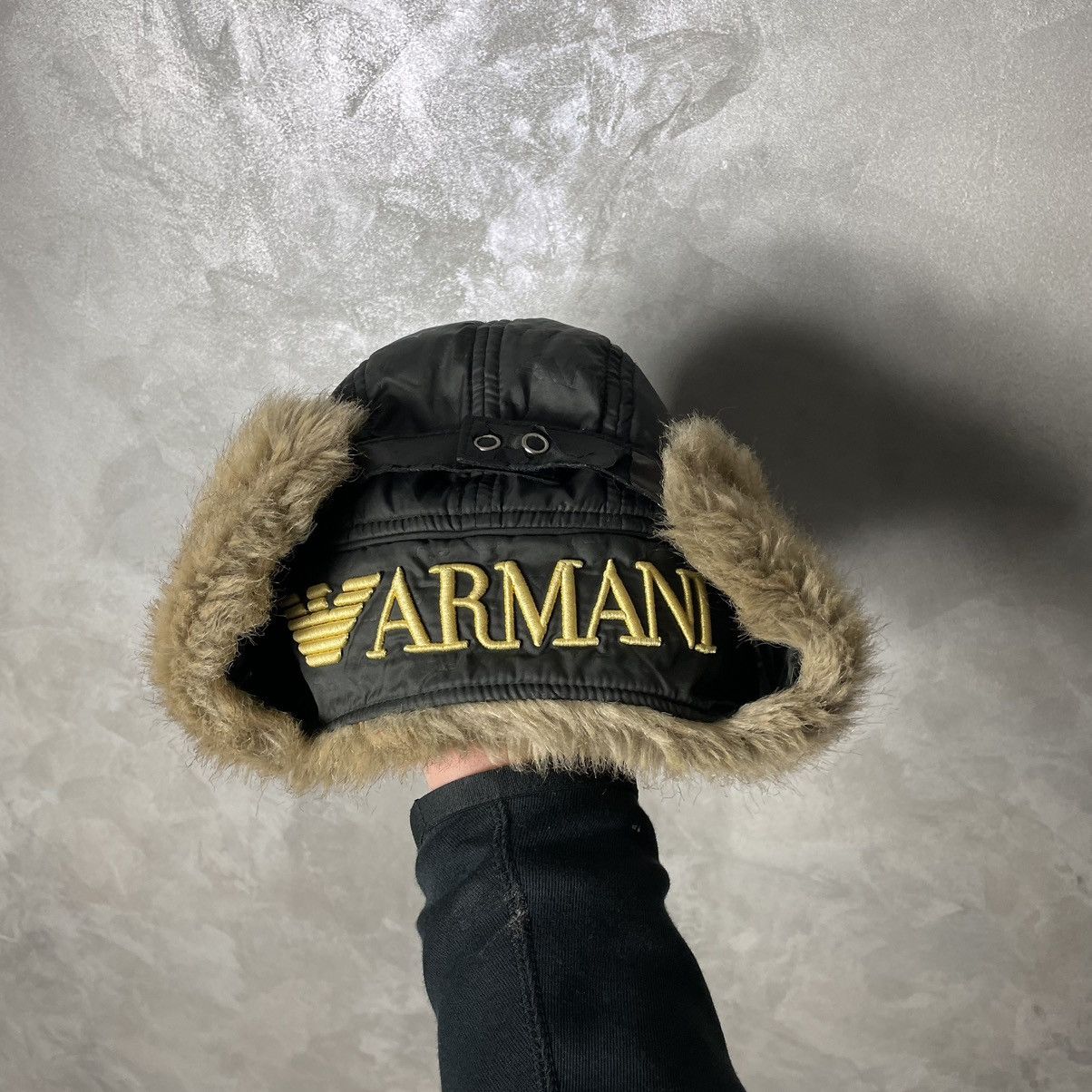 Armani × Vintage Vintage Armani Jeans Monogram Big Logo Fur Trapper Hat Size ONE SIZE - 4 Thumbnail