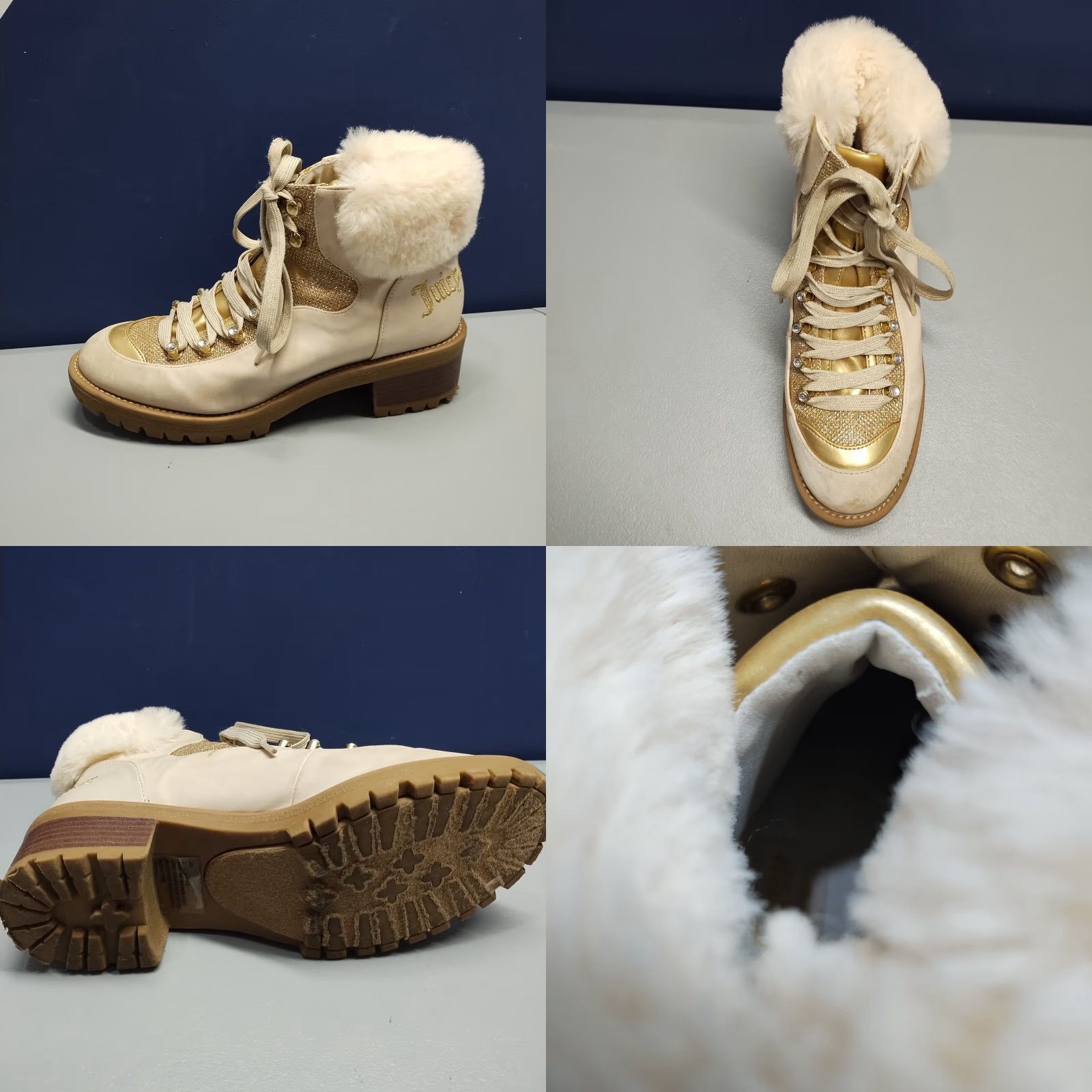 Juicy Couture Juicy Couture Heeled Boots Women's Size 8M Gold Sude Leather Faux Fur Lace-up Bootie Size US 8 / IT 38 - 10 Thumbnail