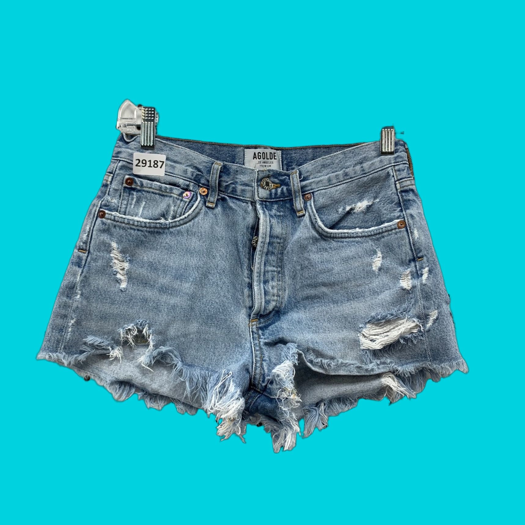 Agolde AGOLDE Cut Off Button Fly Denim Shorts Womens Size 25 fits 28x2 Distressed Size 42" / US 20 - 1 Thumbnail