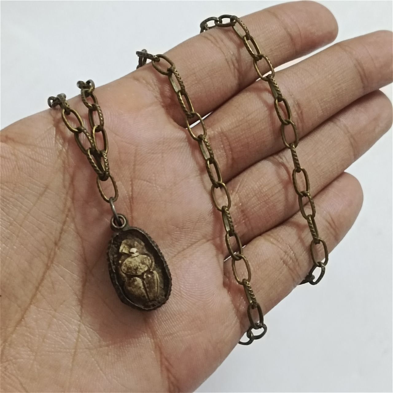 Vintage bronze scarab necklace ancient Egyptian style