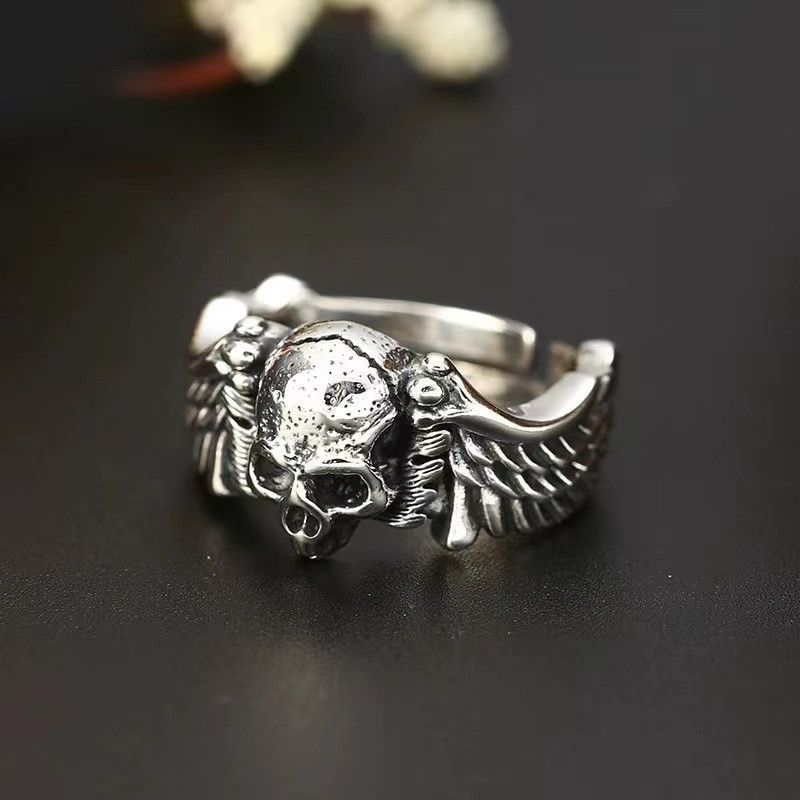 Vintage Resizable Retro Punk Devil Angel Wings Skull Ring Size ONE SIZE - 4 Thumbnail