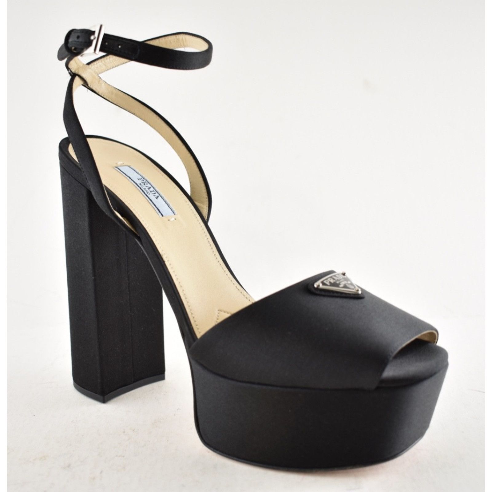 Prada Prada 135mm Black Satin Logo Platform Sandal Ankle 41.5 Size US 11.5 / IT 41.5 - 5 Thumbnail