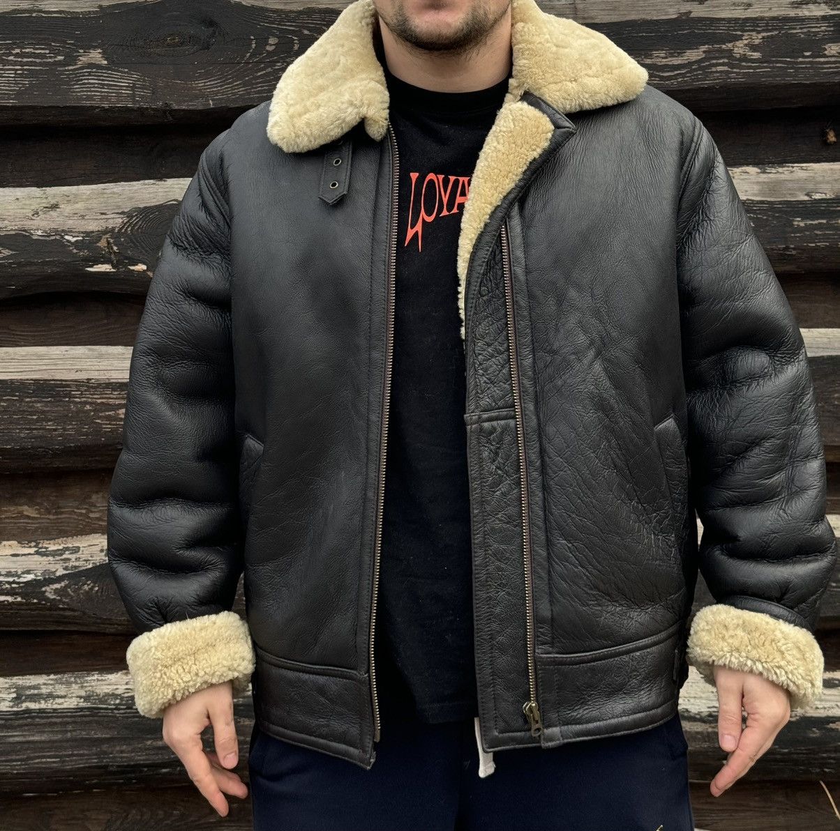 Japanese Brand Lakeland black leather shearling wool aviator jacket Size US L / EU 52-54 / 3 - 2 Thumbnail