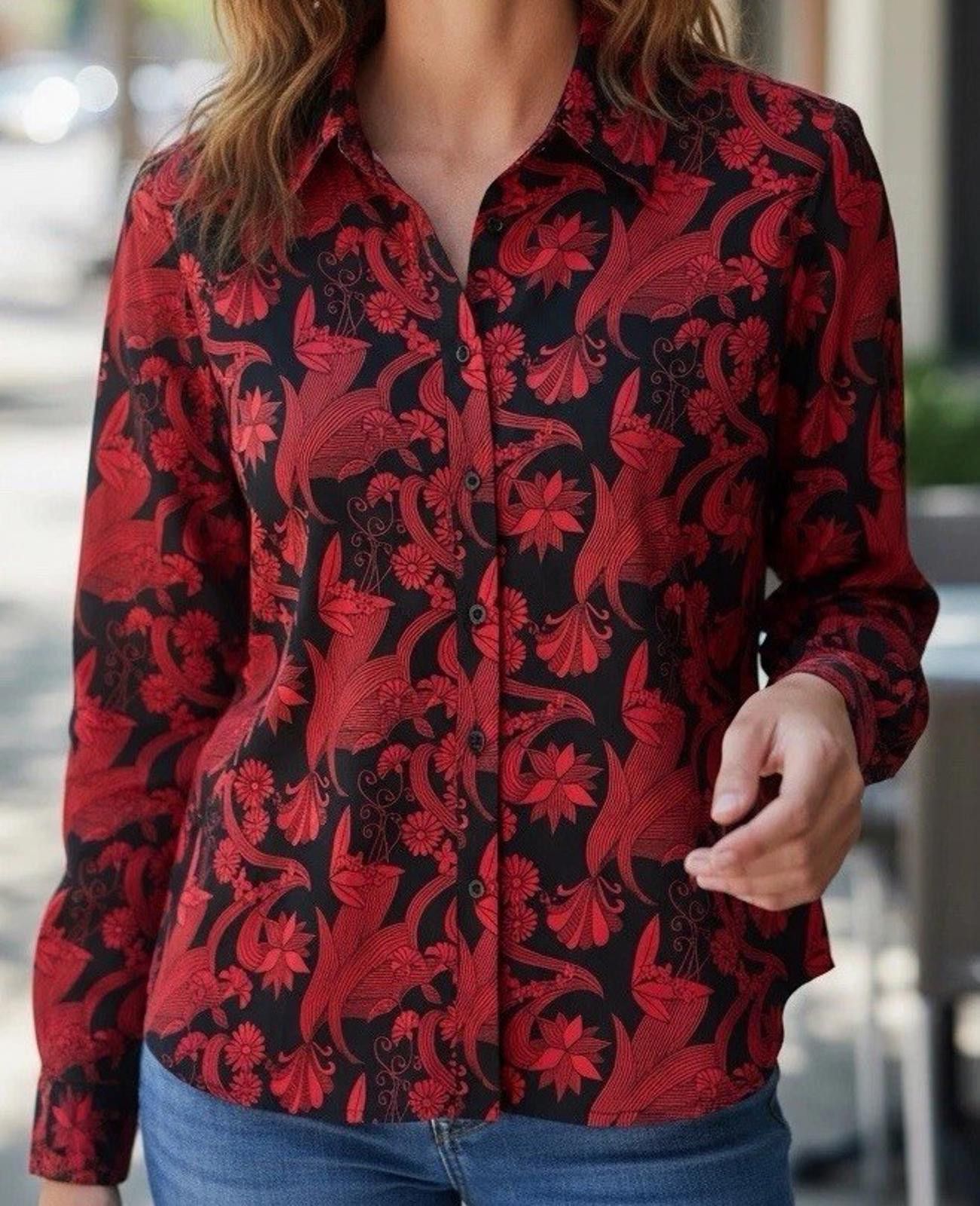 Mossimo Mossimo 100% Silk Red Black Floral Button Top Blouse Y2K S Size S / US 4 / IT 40 - 1 Thumbnail
