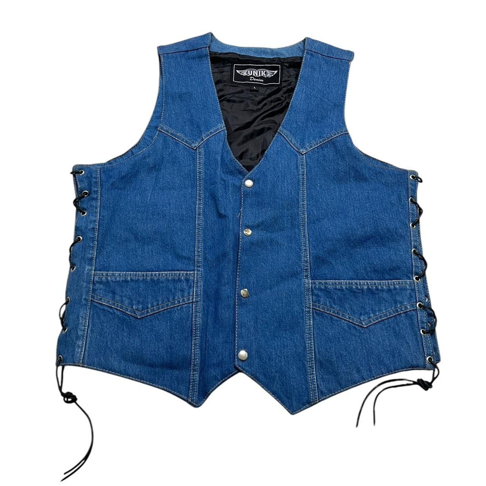UNIK International Inc. Vintage‎ UNIK Denim Motorcycle Biker Denim Vest Lace Sz L Size US L / EU 52-54 / 3 - 11 Thumbnail