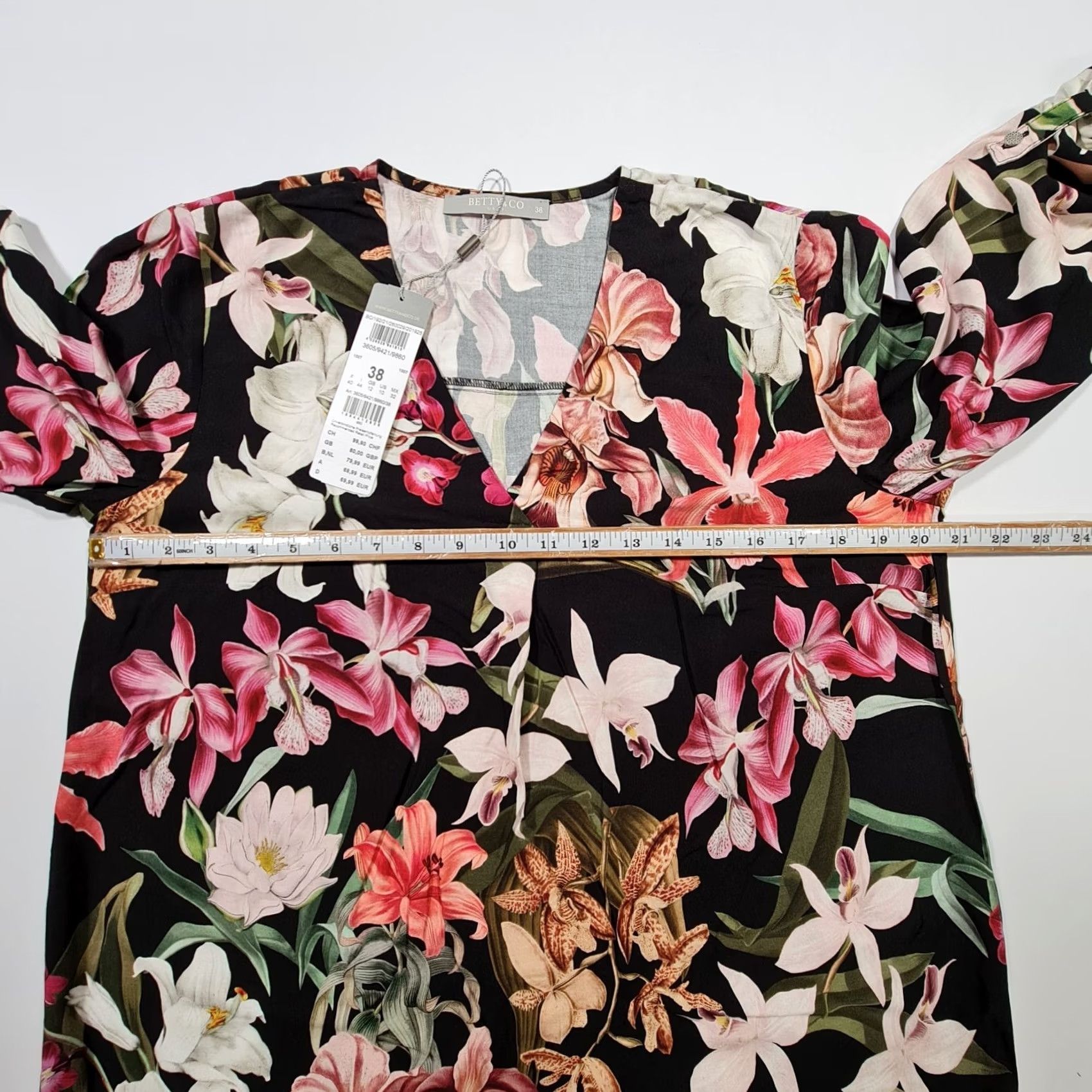 CO Betty & Co Blouse Black 12 UK Floral 3/4 Sleeve V-Neck Logo Womens Blouse Size XL / US 12-14 / IT 48-50 - 5 Thumbnail
