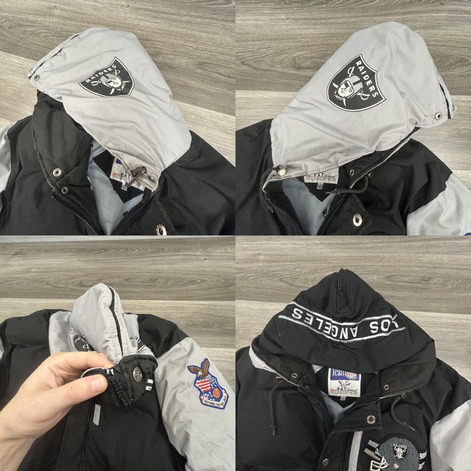 NFL VINTAGE Los Angeles Raiders Jacket Mens L NFL Triple FAT Goose Puffer 90s Parka Coat Black Full Zip Insulated Limited Edition 90s USA Mens Size US L / EU 52-54 / 3 - 8 Thumbnail