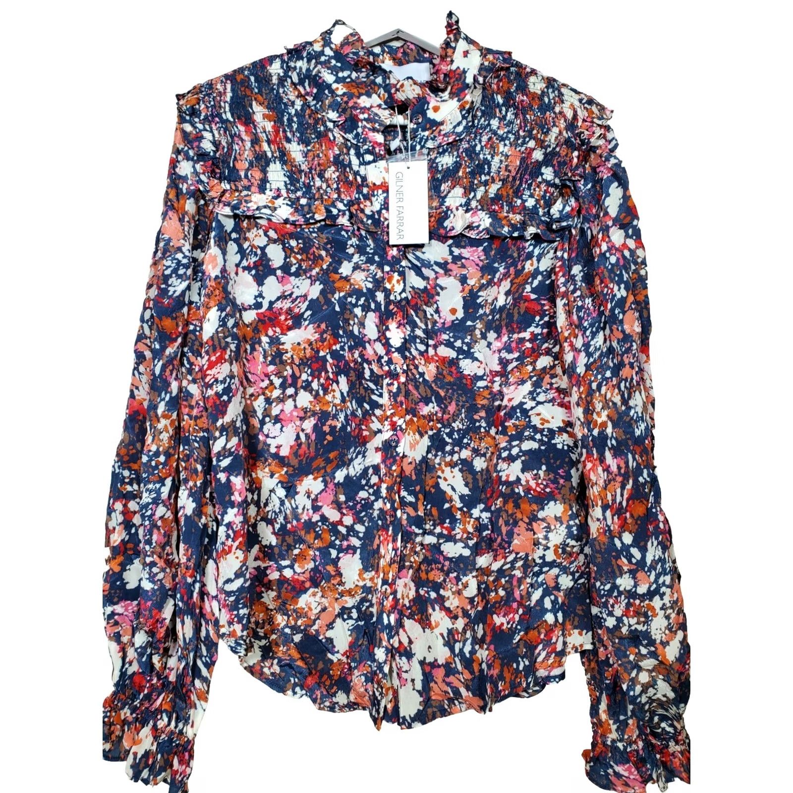 Vintage Gilner Farrar Blouse Womens M Riley Ruffle Top Navy Splatter Paint Print Women New Size M / US 6-8 / IT 42-44 - 3 Thumbnail