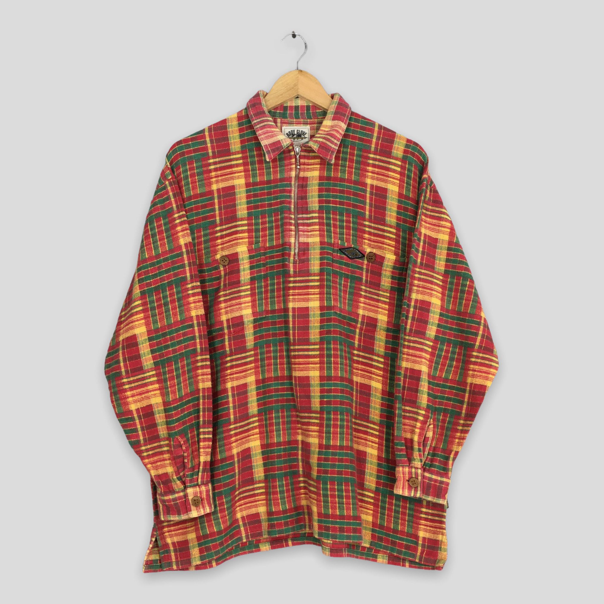 image of Vintage 80's Body Glove Checkered Half Zipper Flannel Medium, Men's
