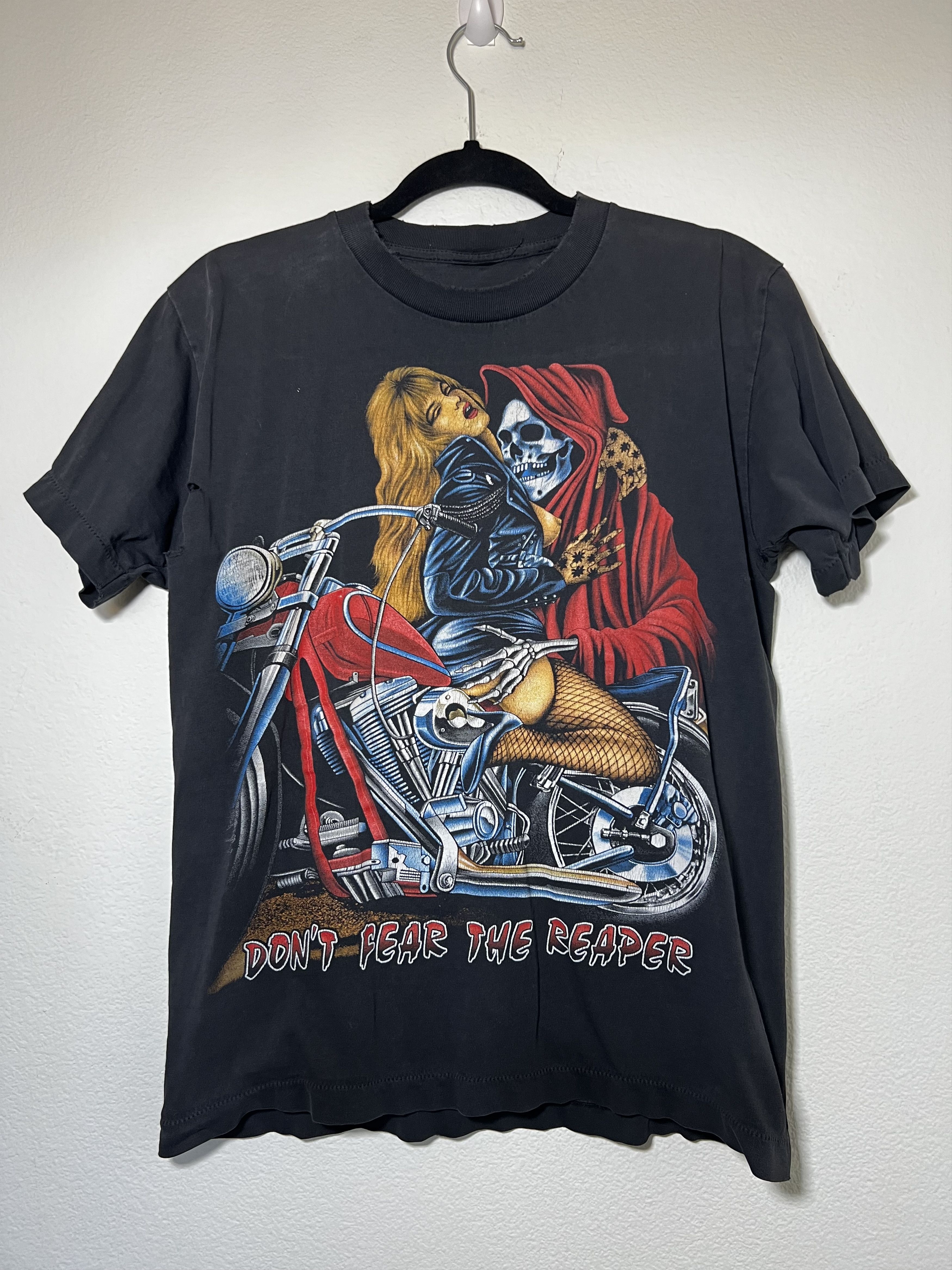 image of Very Vintage "don't Fear The Reaper" Double Sided Moto Skull Tee in Black, Men's (Size Medium)