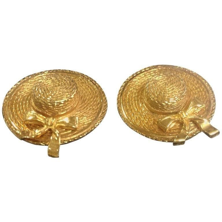 Chanel Vintage CHANEL gold tone straw hat extra large earrings Size ONE SIZE - 2 Thumbnail