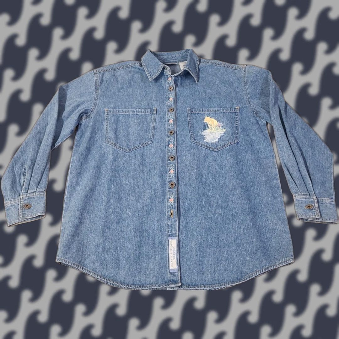 Disney VINTAGE Disney Denim Shirt Womens Medium Blue Cotton Denim Embroidered Pooh Piglet Tigger 90s Casual Button-Up Size M / US 6-8 / IT 42-44 - 1 Thumbnail